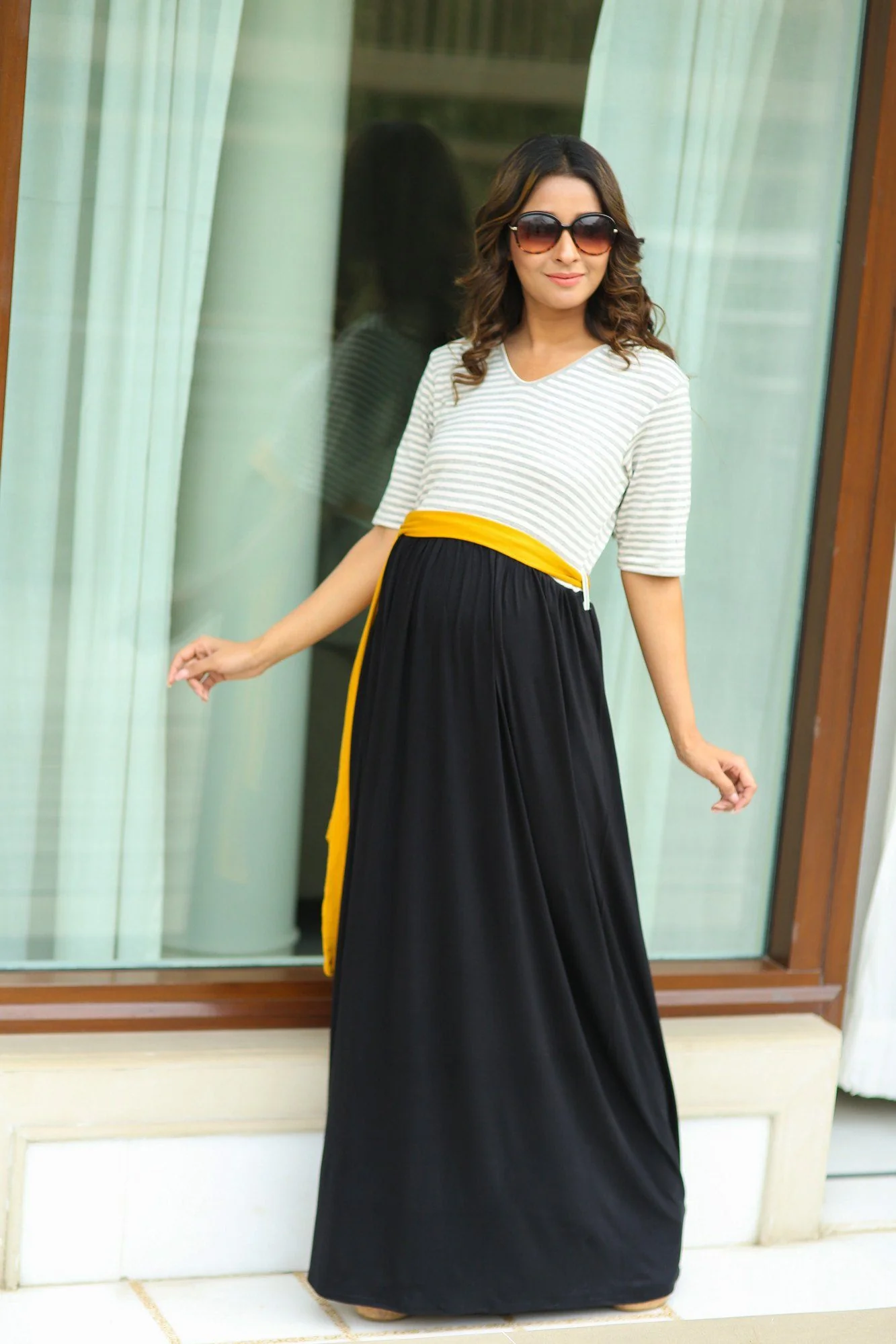 Striped Contrast Gathered Maternity Maxi Dress - Chenance