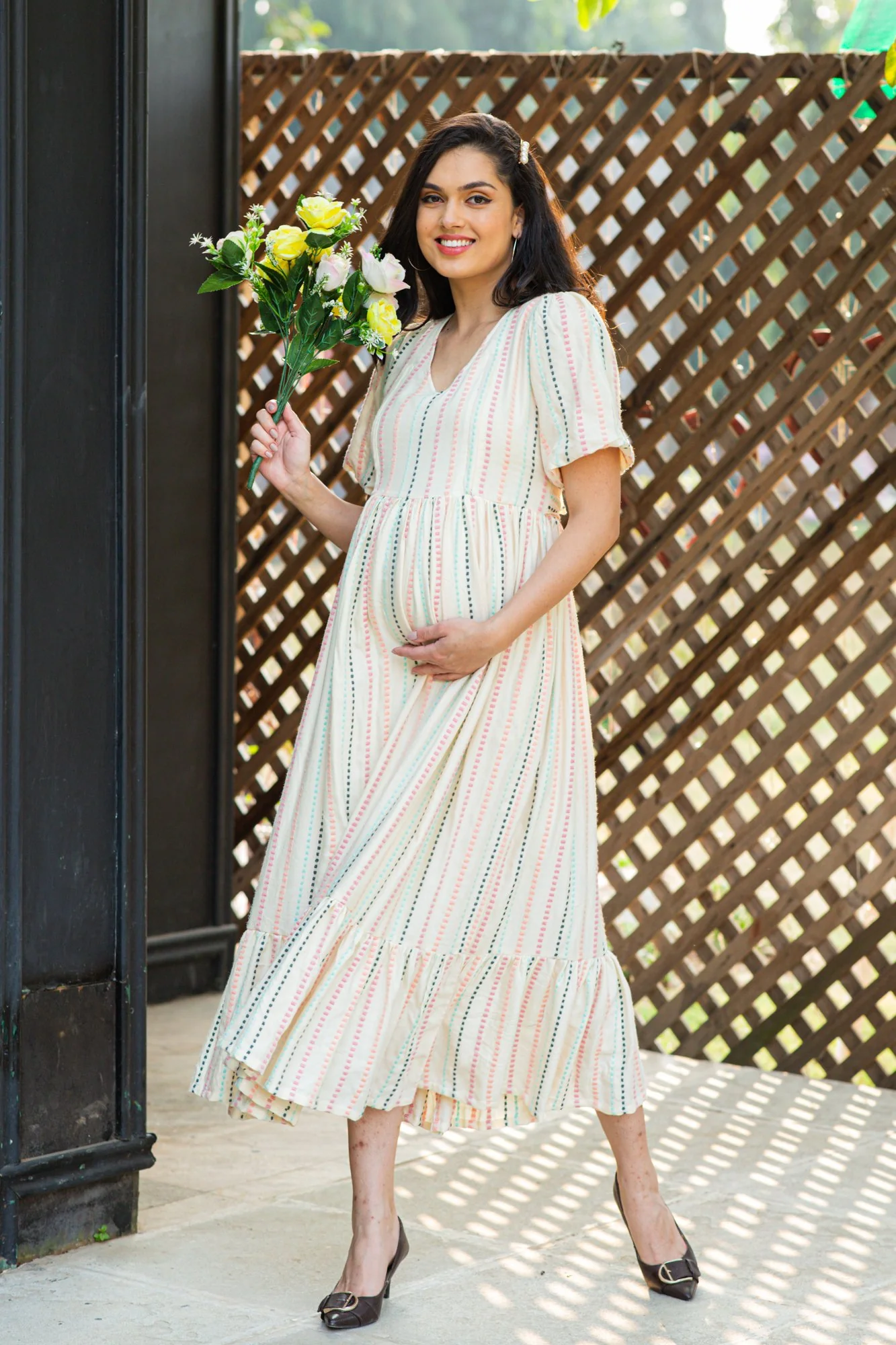 Off White Salmon Striped Long Maternity & Nursing Dress - Chenance