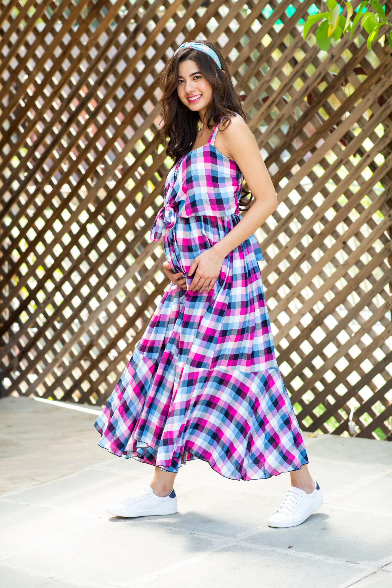 Arctic Pink Gingham Dual Bow Maternity Dress - Chenance