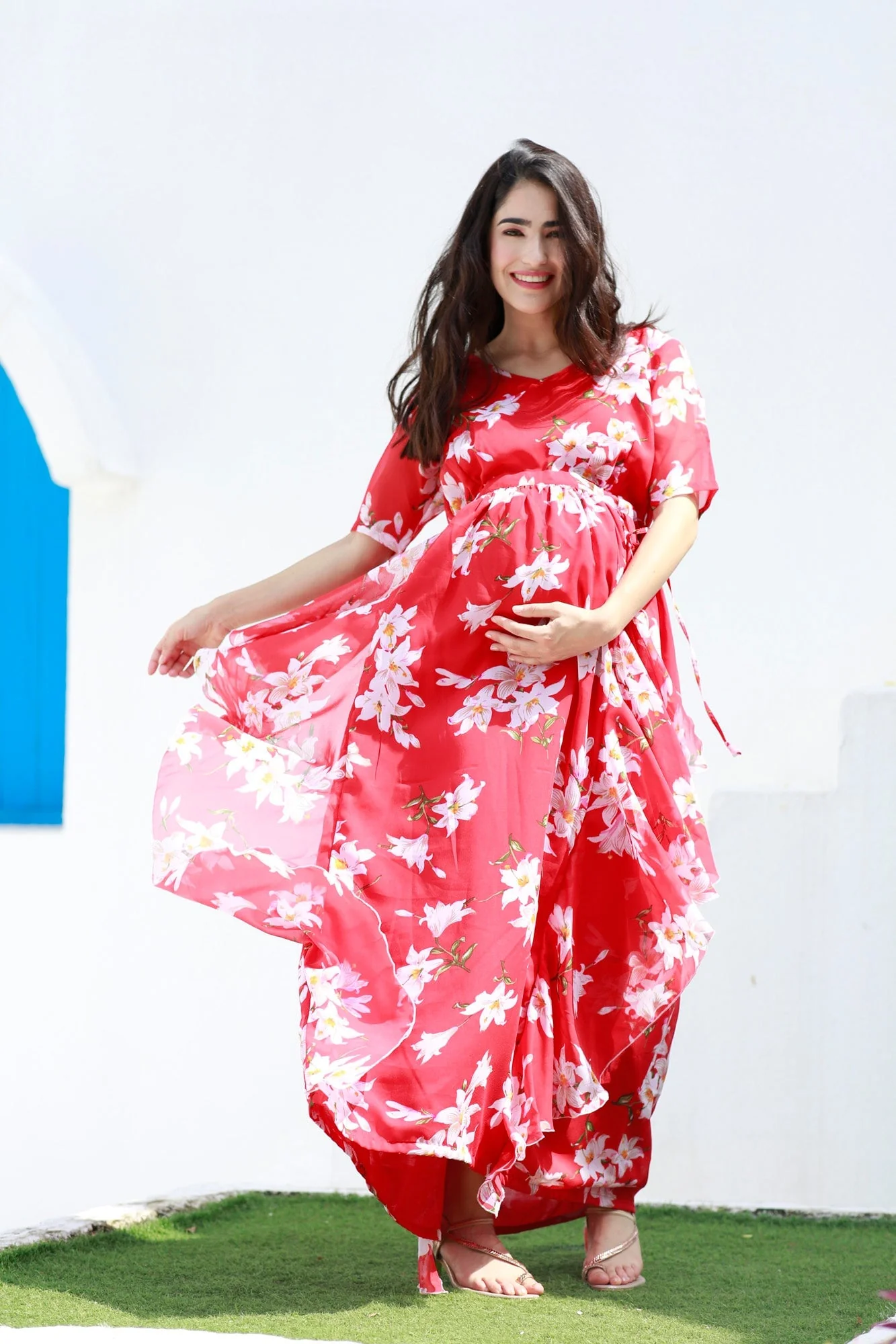Crimson Red Blossom Maternity Flow Dress - Chenance