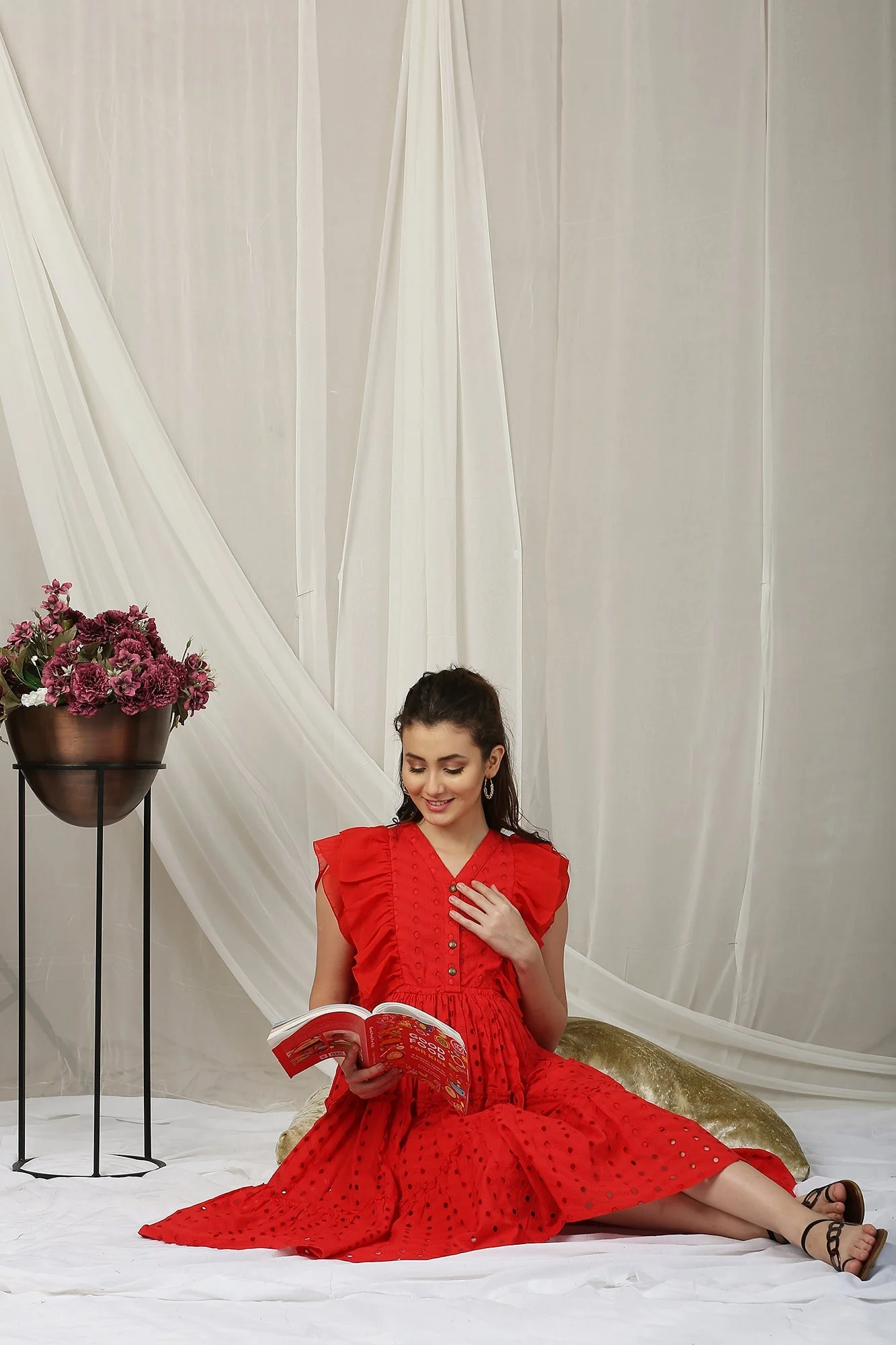 Retro Candy Red Maternity & Nursing Flowy Dress (100% Cotton) - Chenance