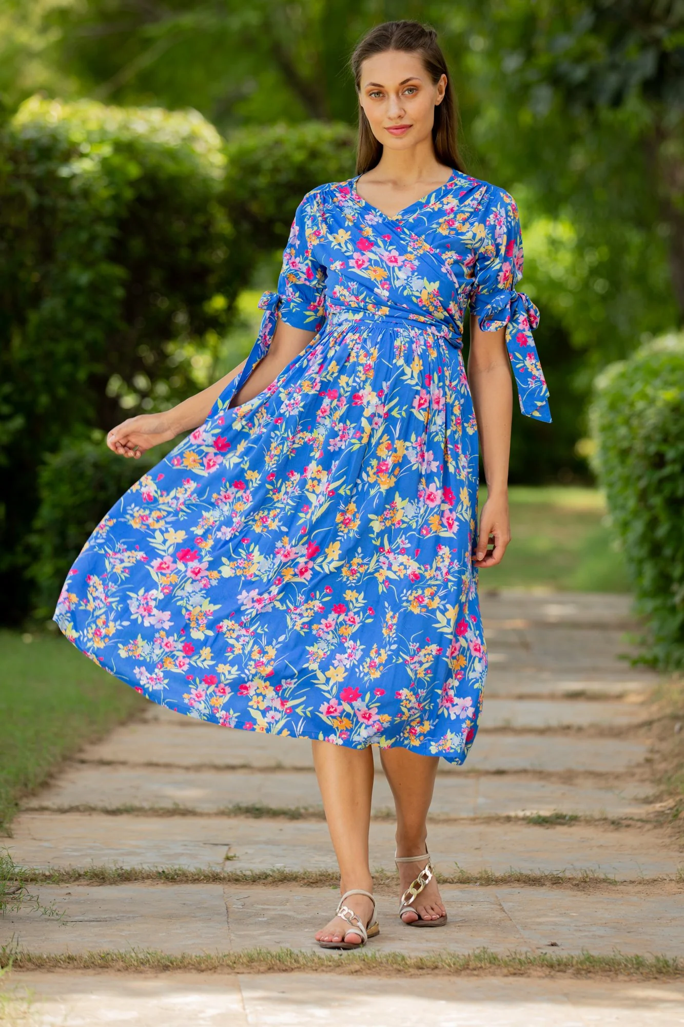 Royal Blue Floral Maternity & Nursing Midi Wrap Dress - Chenance