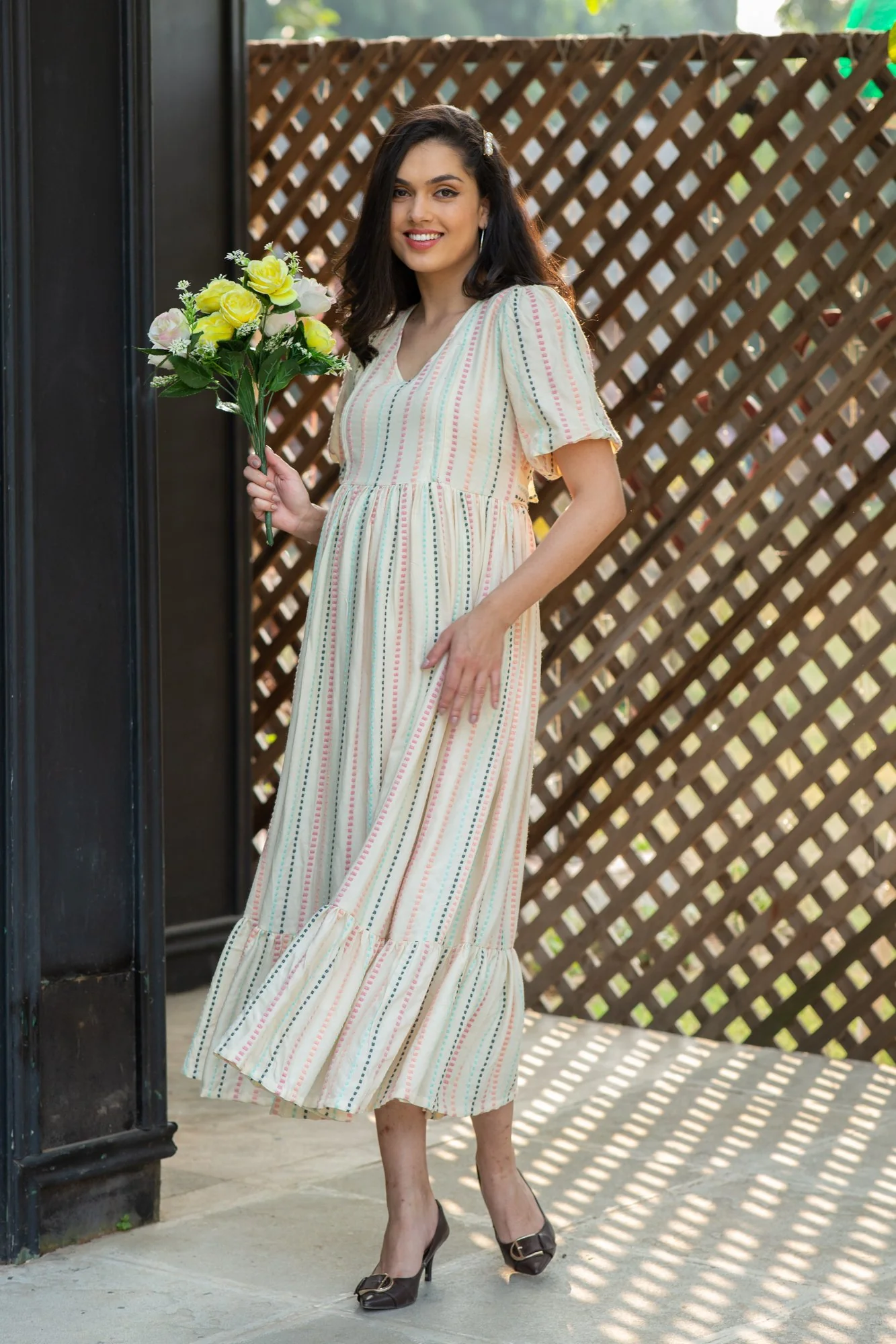 Off White Salmon Striped Long Maternity & Nursing Dress - Chenance