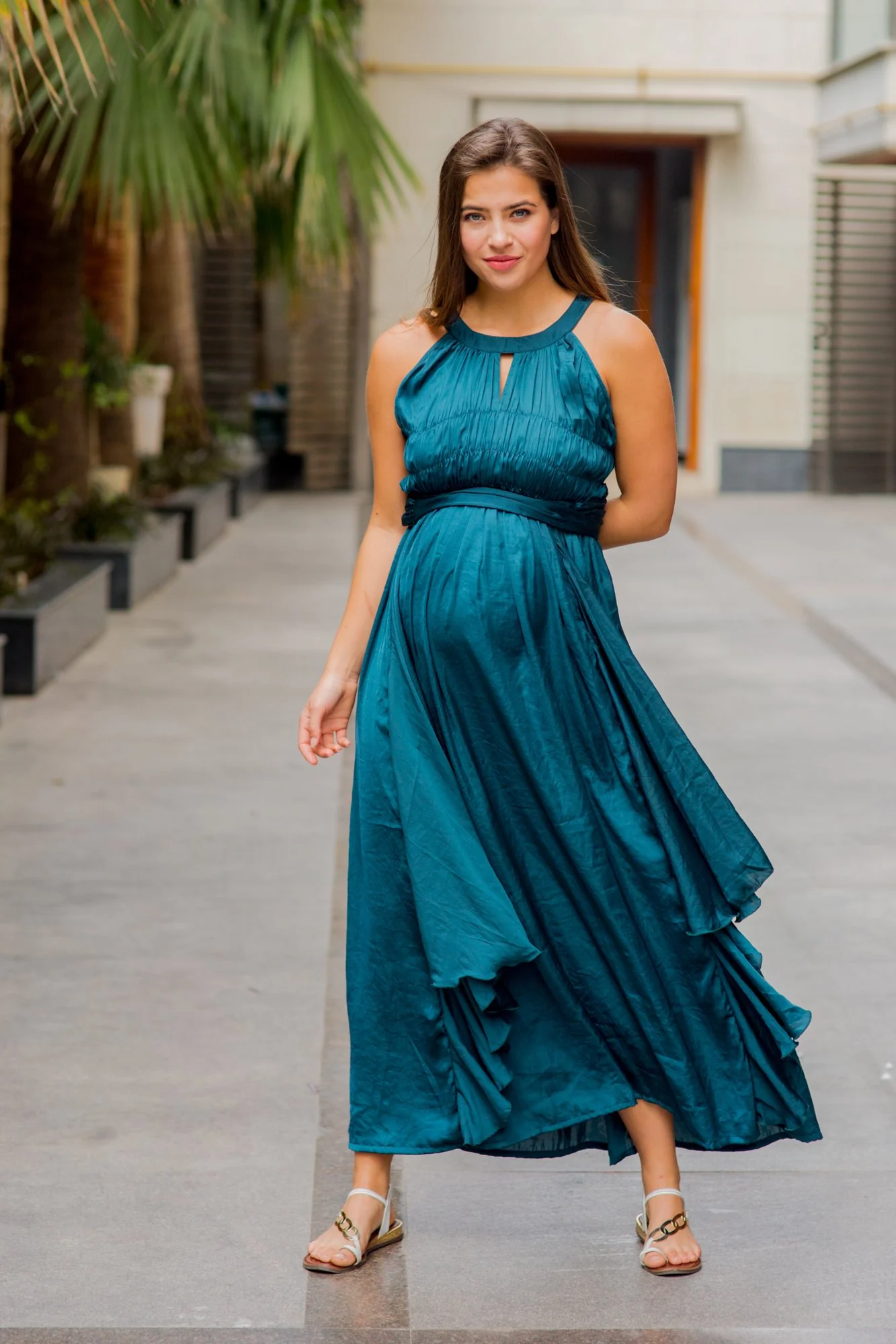 Luxe Teal Ruching Maternity Flow Dress - Chenance