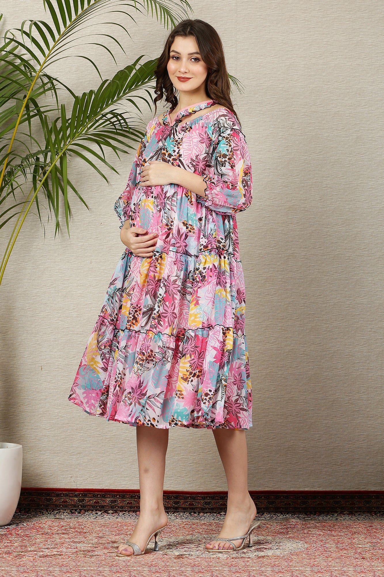 Cascading Retro Leafy Pink Halter Maternity & Nursing Frill Dress - Chenance