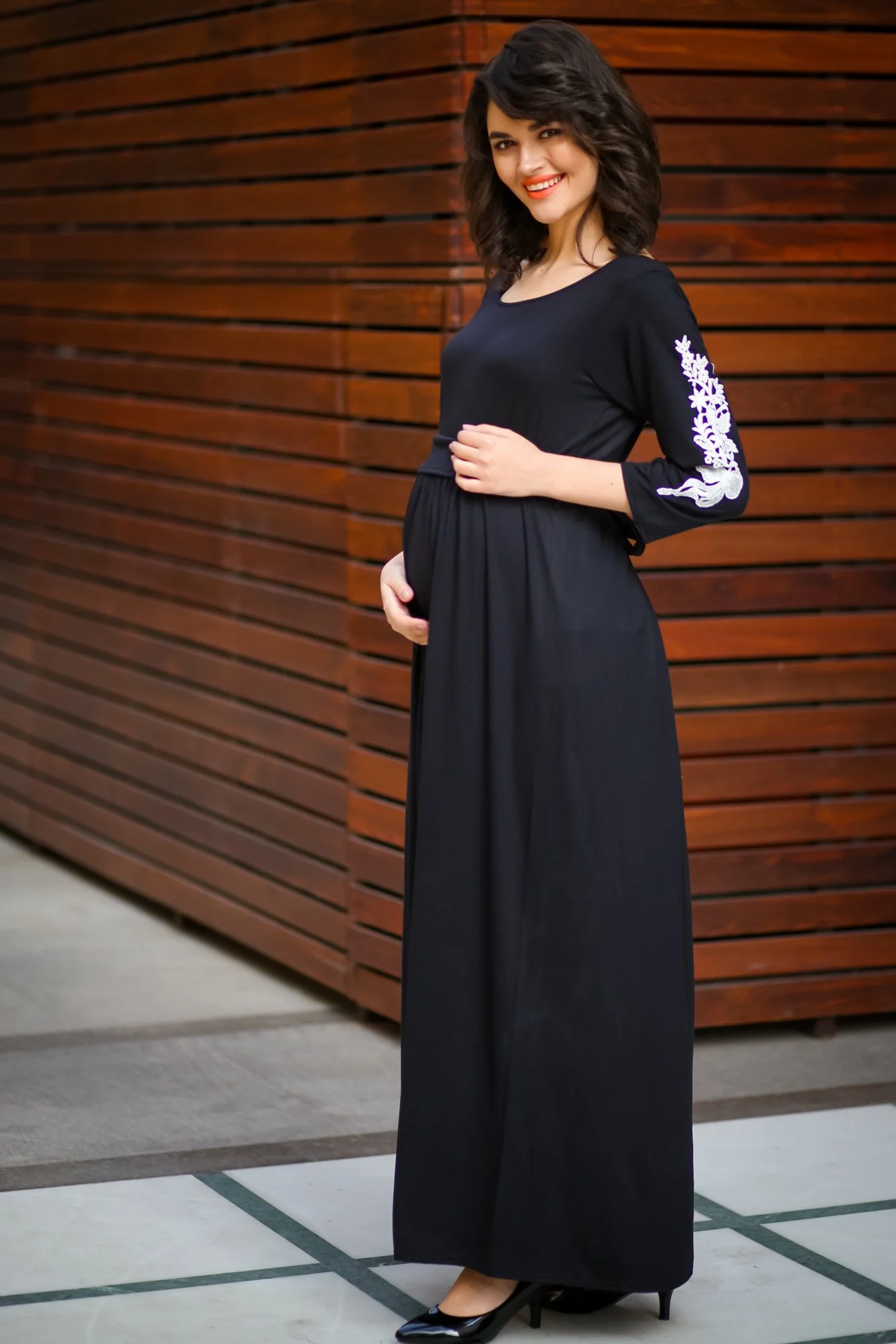 Premium Black Lycra Crochet Sleeves Maternity Dress - Chenance