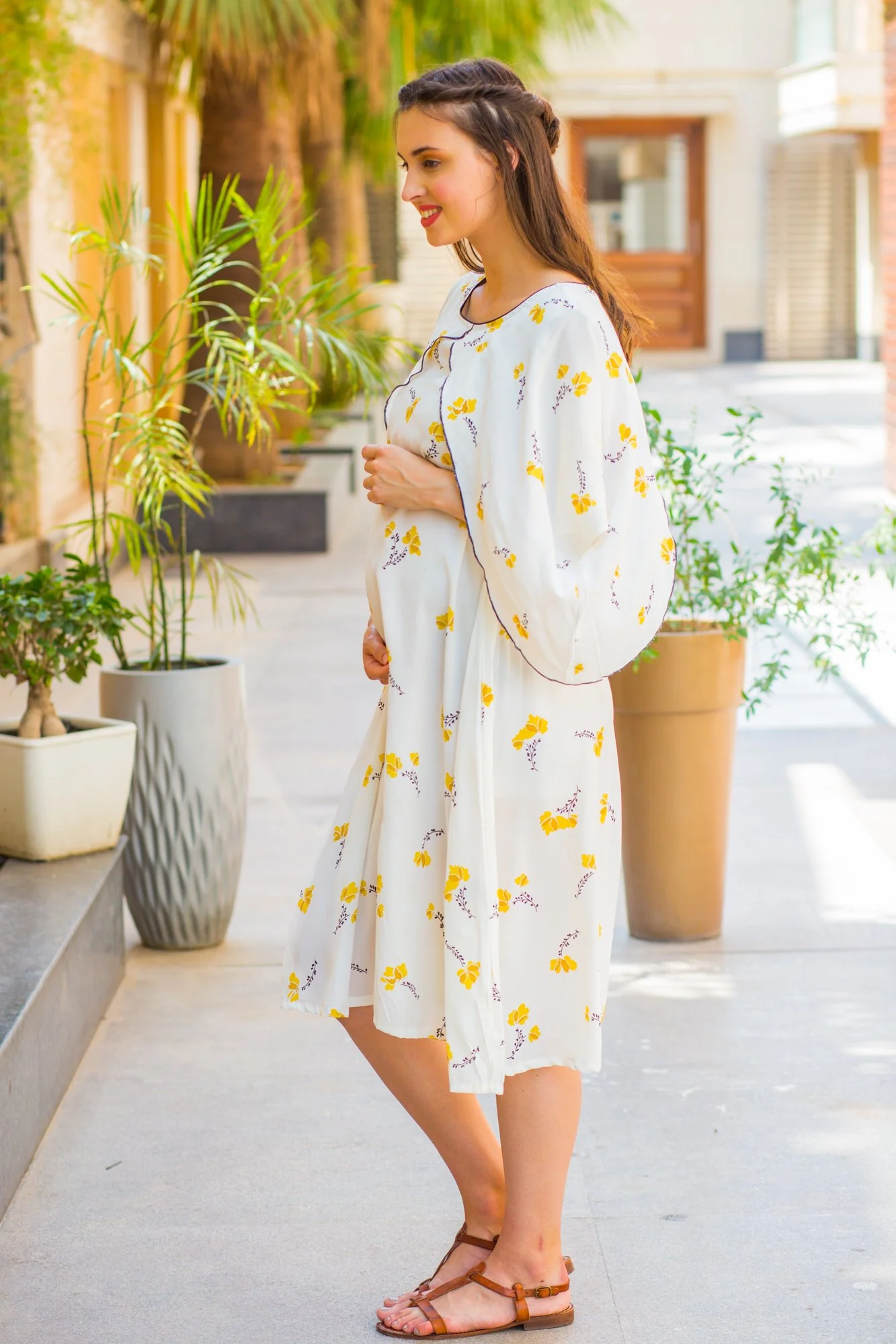 Pristine White Yellow Maternity & Nursing Flap Dress - Chenance
