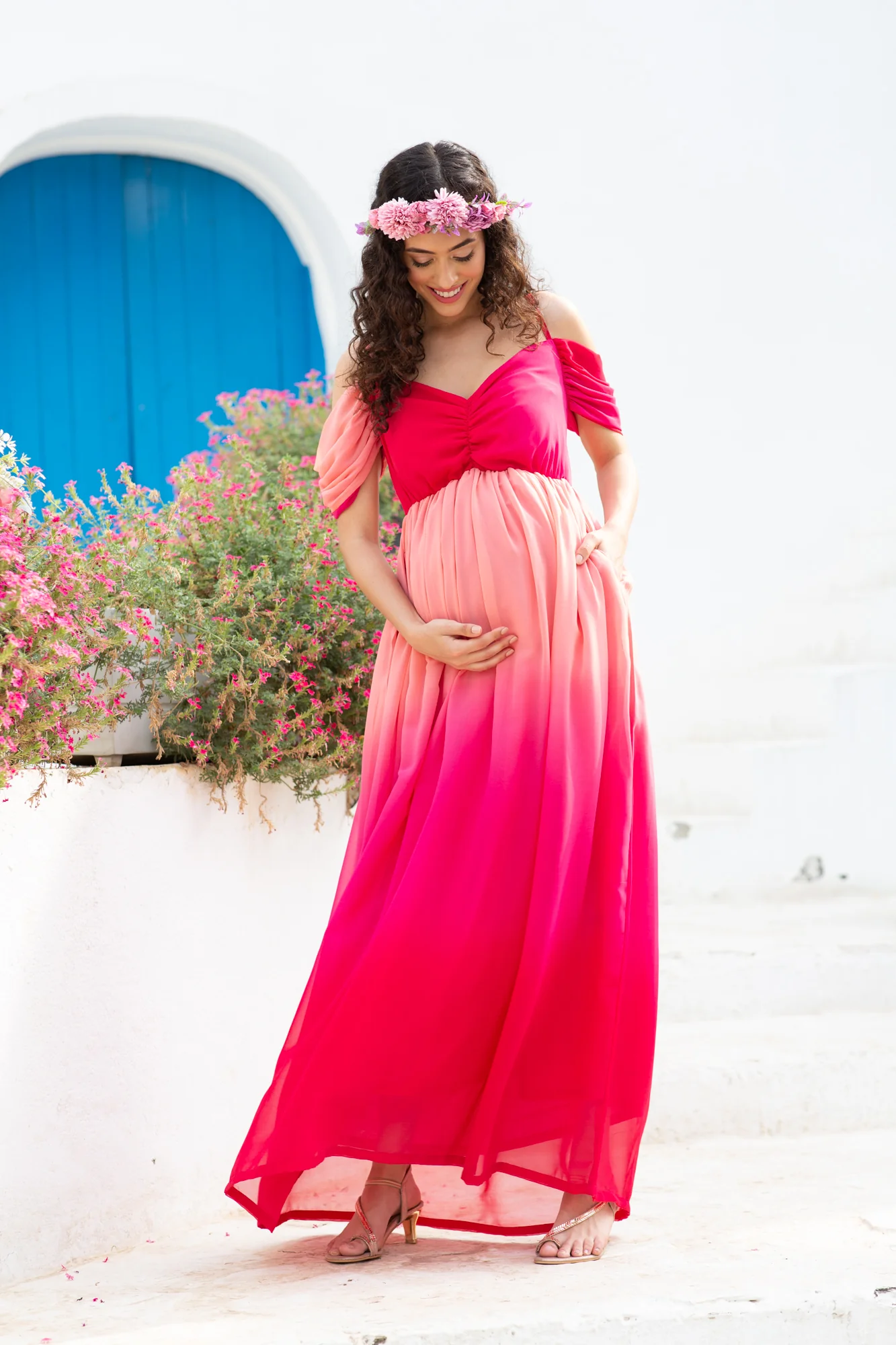 Luxe Graceful Flamingo Off-Shoulder Maternity Photoshoot Gown - Chenance