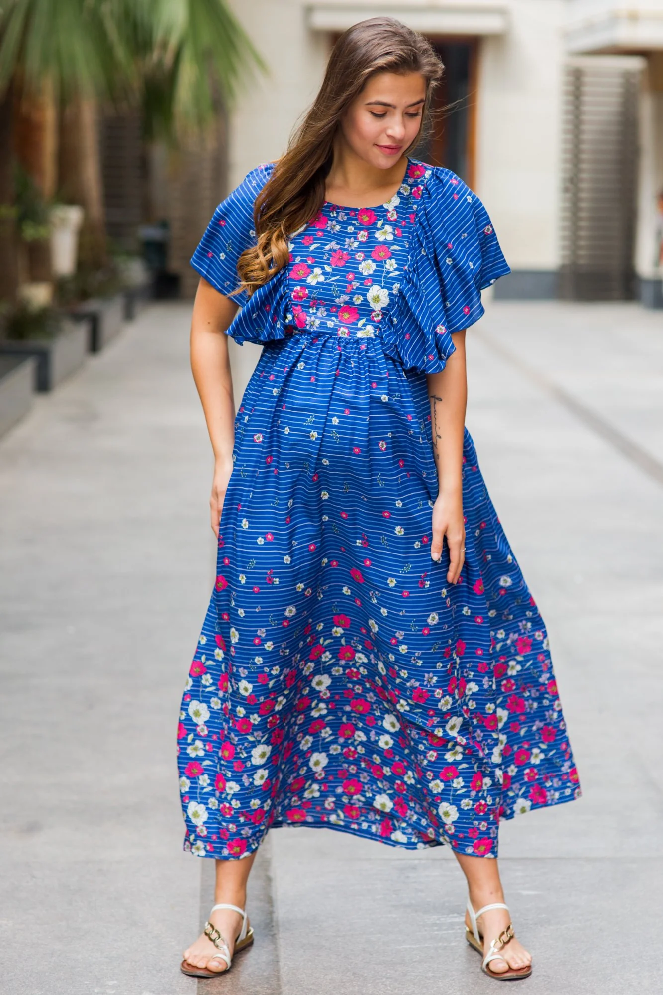 Celeste Blue Floral Maternity & Nursing Flap Dress - Chenance