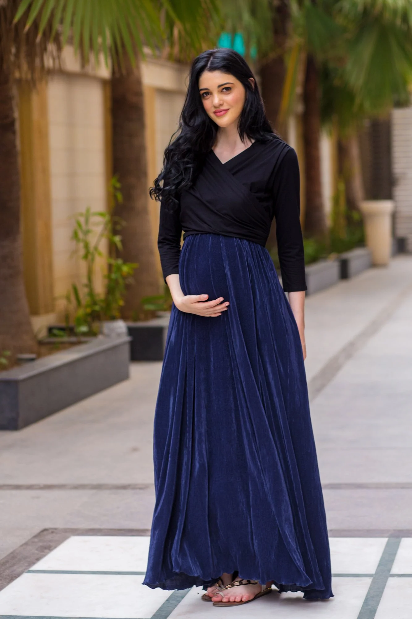 Luxe Navy Pleated & Nursing Wrap Dress - Chenance