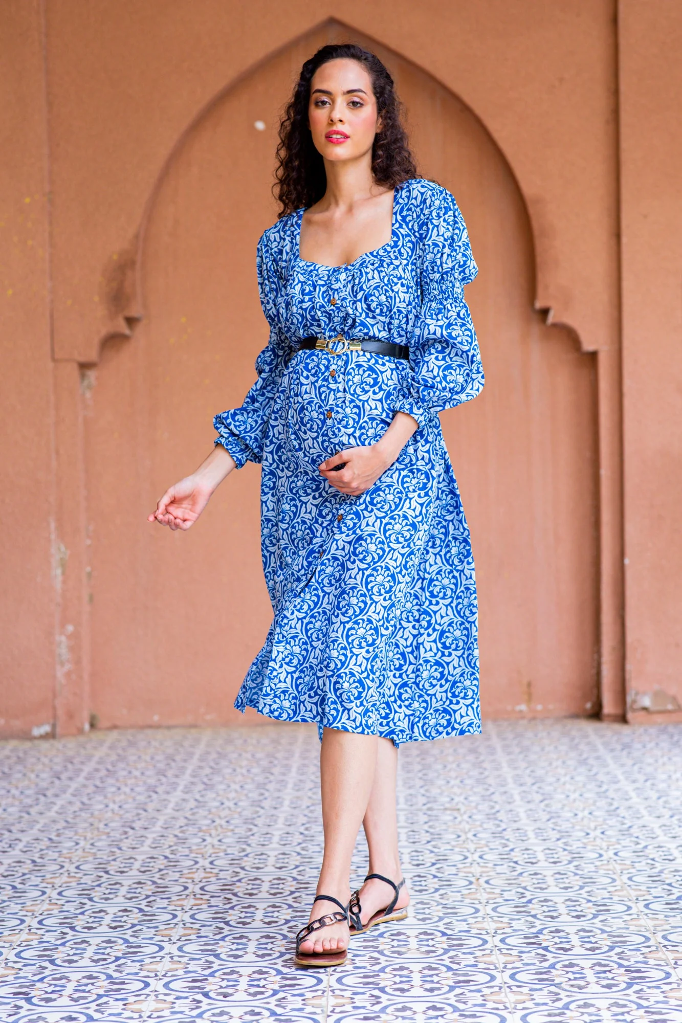 Intricate Azure Maternity & Nursing Dress - Chenance