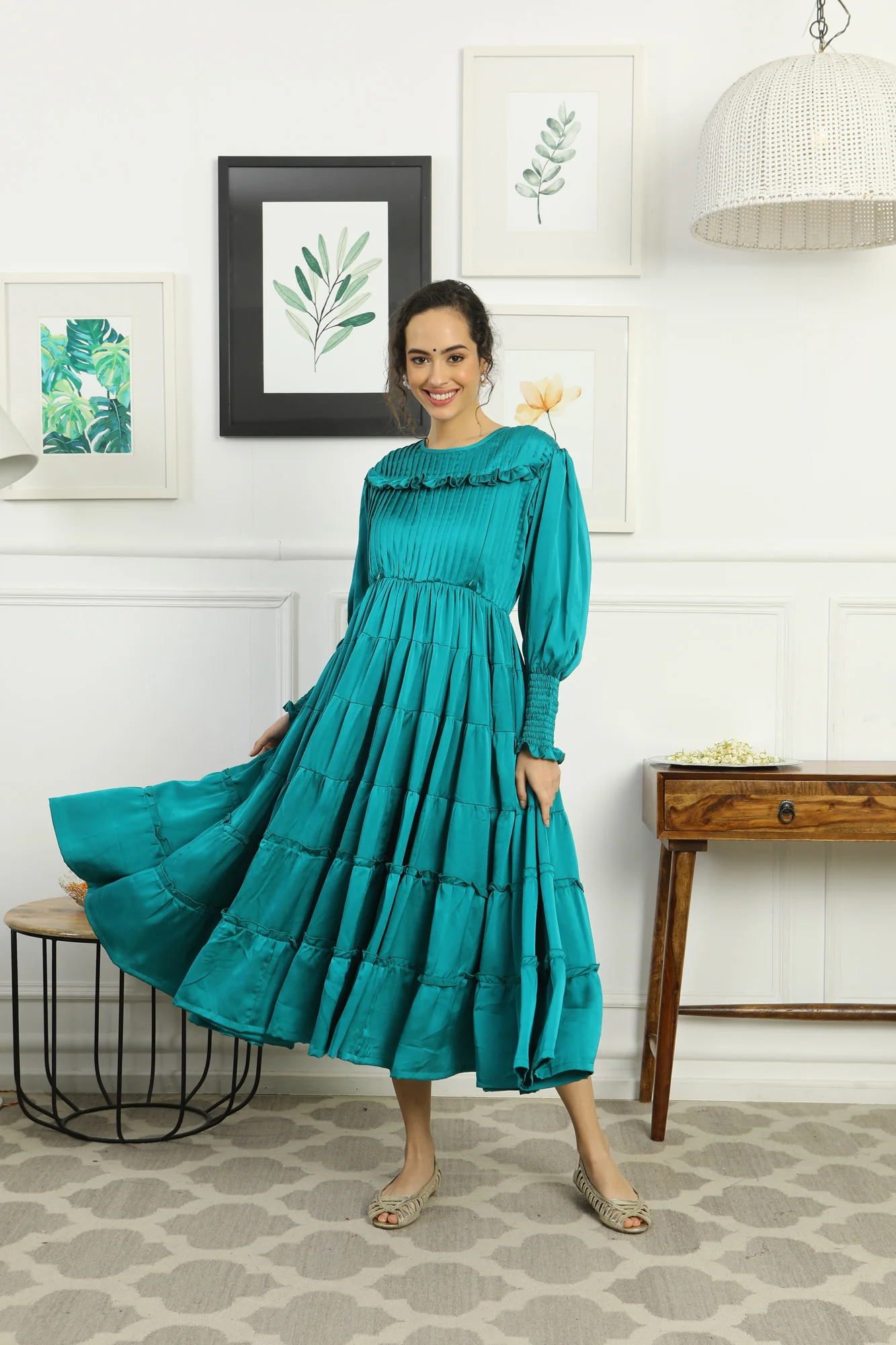 Premium Satin Emerald Green Formal Maternity & Nursing Pintucks Frill Dress - Chenance