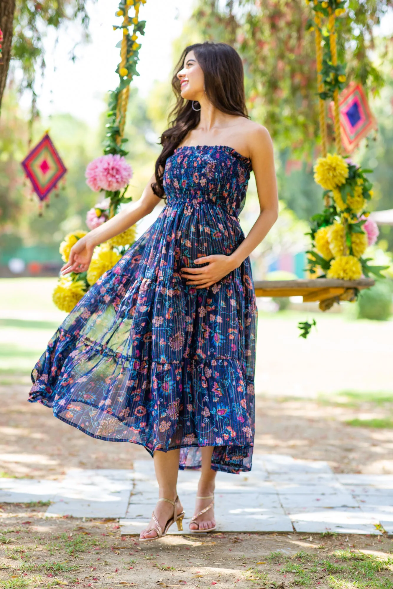 Midnight Chiffon Floral Maternity Off-Shoulder Frill Dress - Chenance