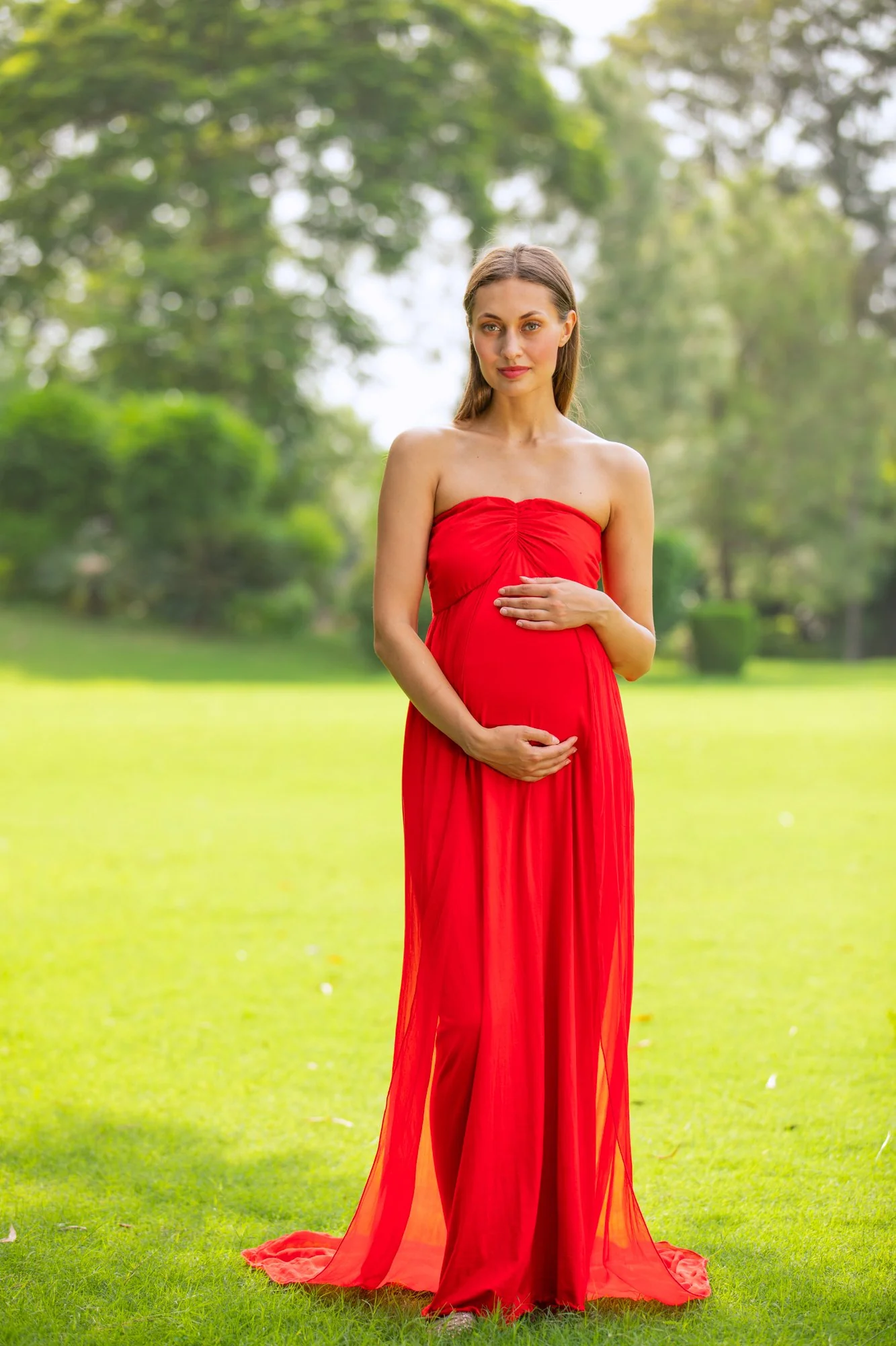 Luxe Cherry Red Off-Shoulder Trail Maternity Photoshoot Gown - Chenance