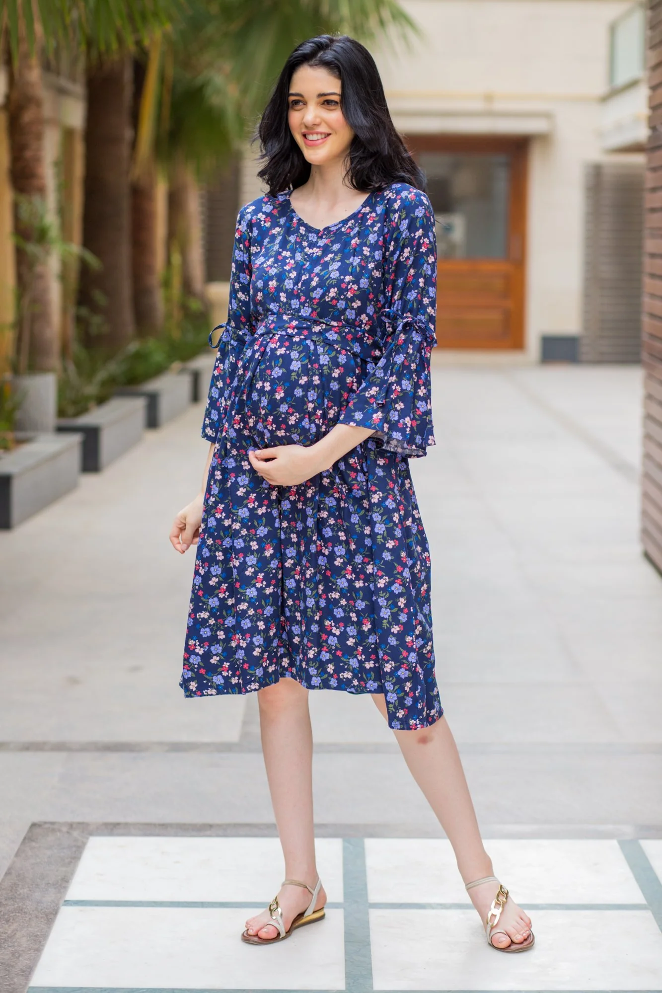 Blue Blossom Maternity & Nursing Front Zip Dress - Chenance