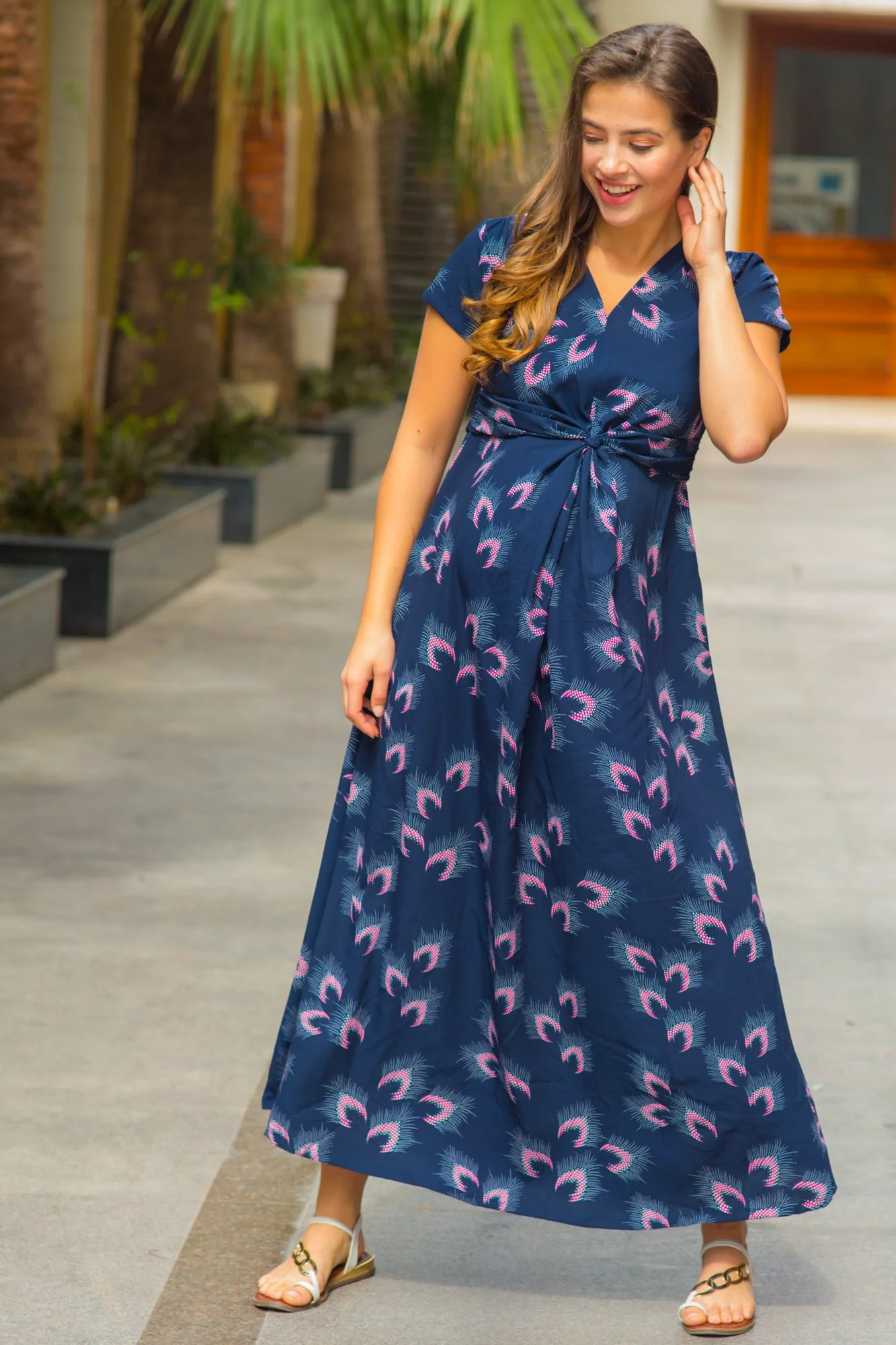 Navy Feather Maternity Knot Dress - Chenance