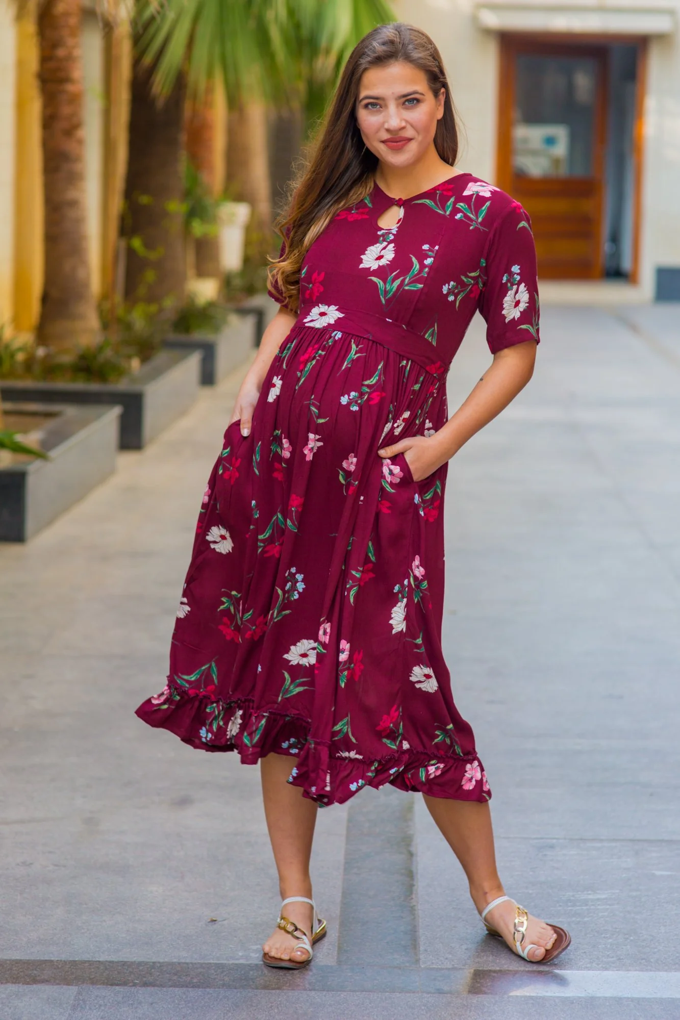 Berry Floral Frill Crepe Concealed Zips Maternity & Nursing Dress - Chenance