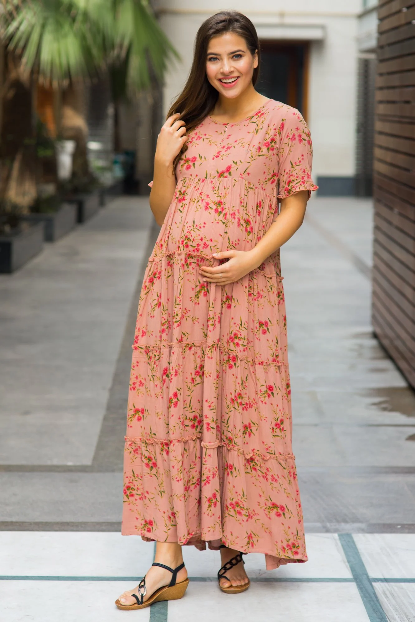 Multilayer Light Peach Frill Maternity & Nursing Dress - Chenance