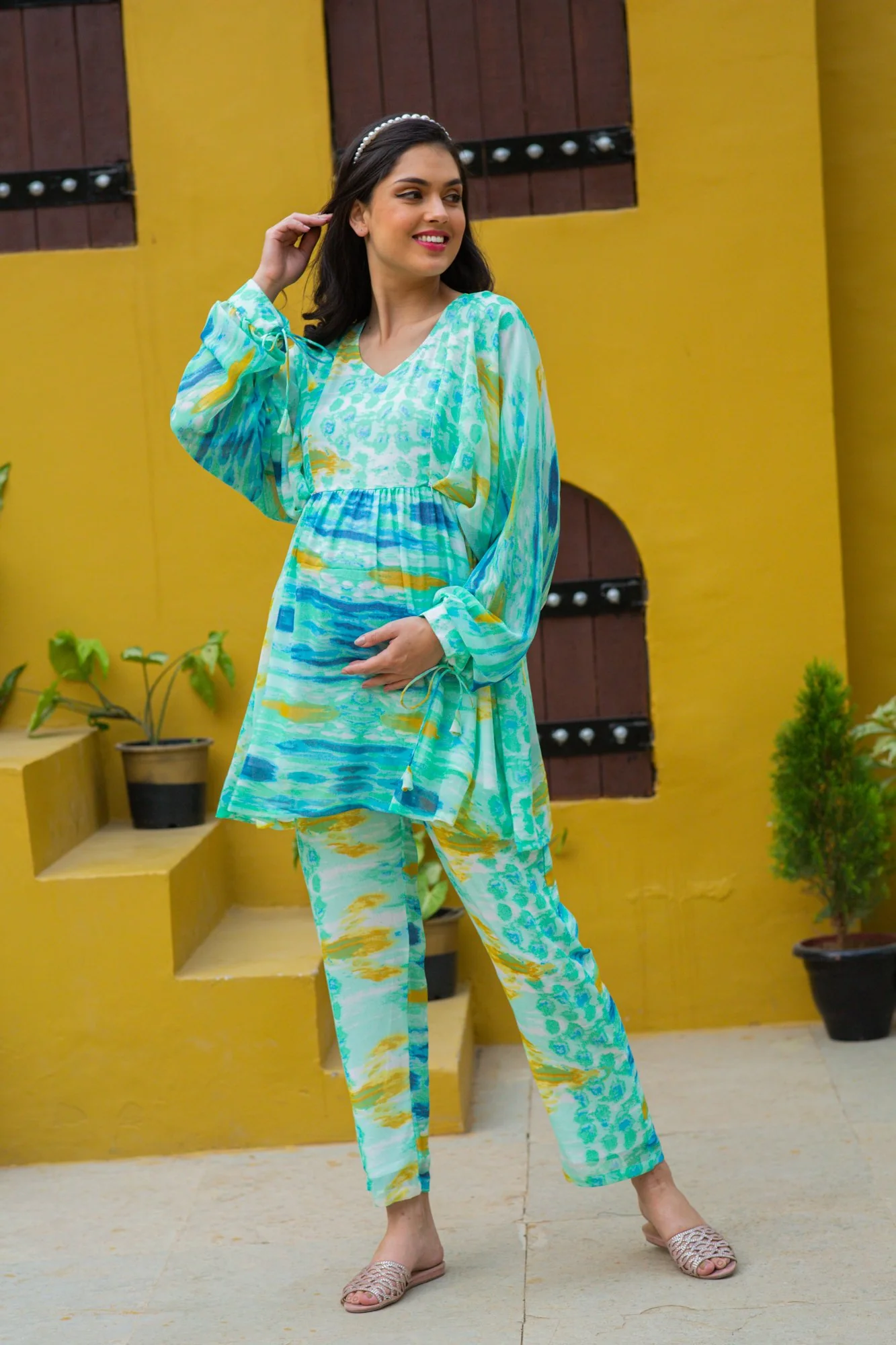 Luxe Aqua Tie & Dye Maternity & Nursing Lounge Coord Set (2 pc) - Chenance