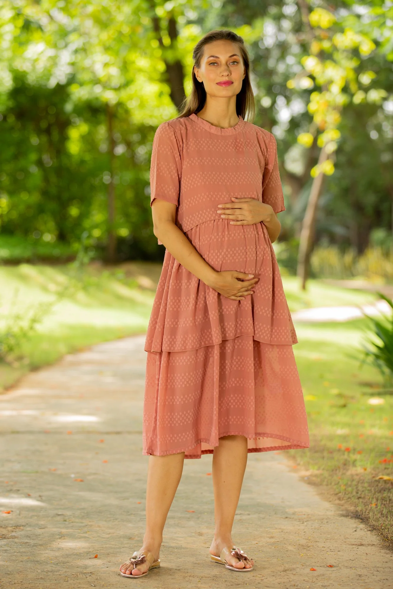 Peach Layered Maternity & Nursing Dress - Chenance