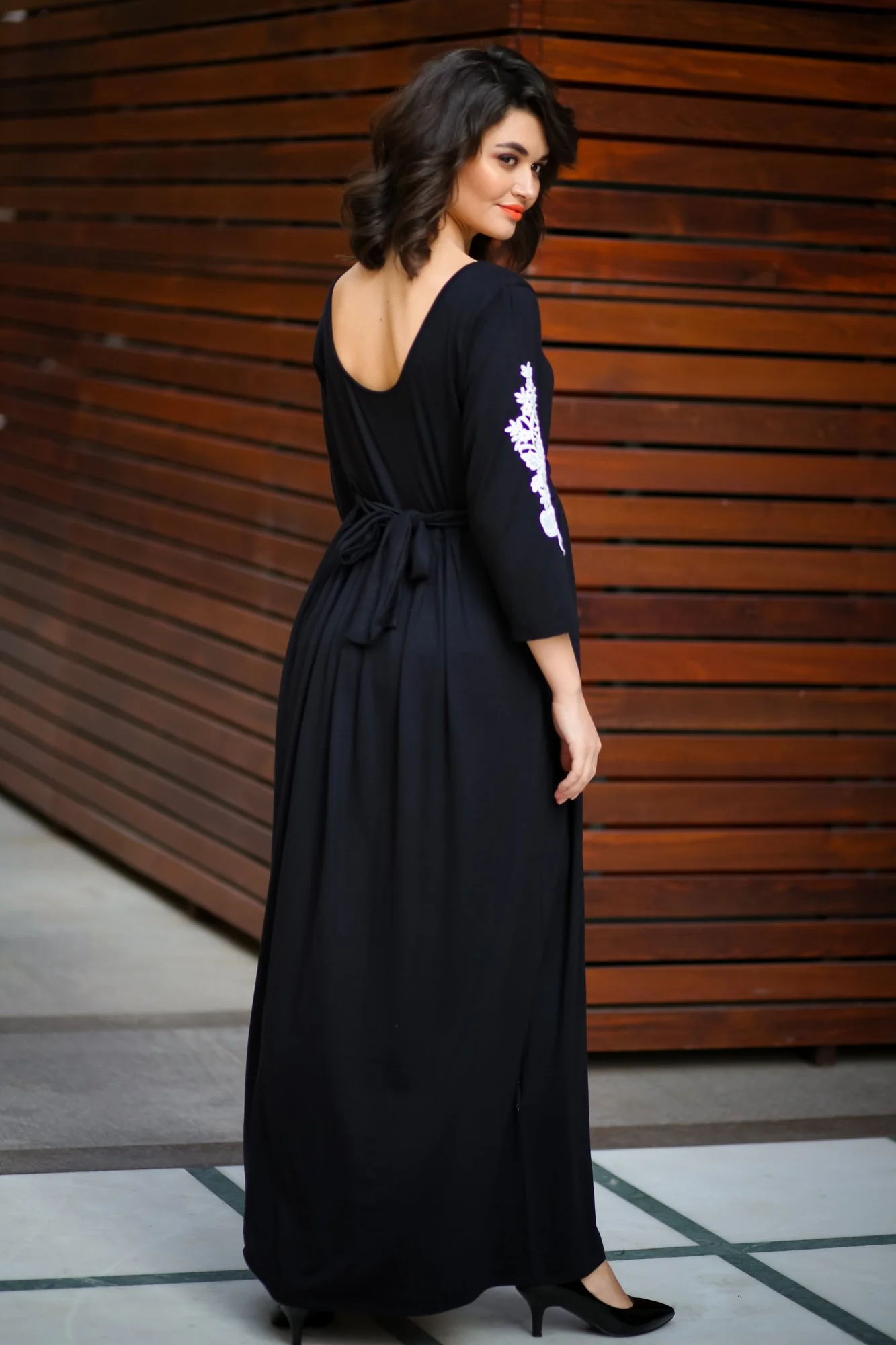 Premium Black Lycra Crochet Sleeves Maternity Dress - Chenance