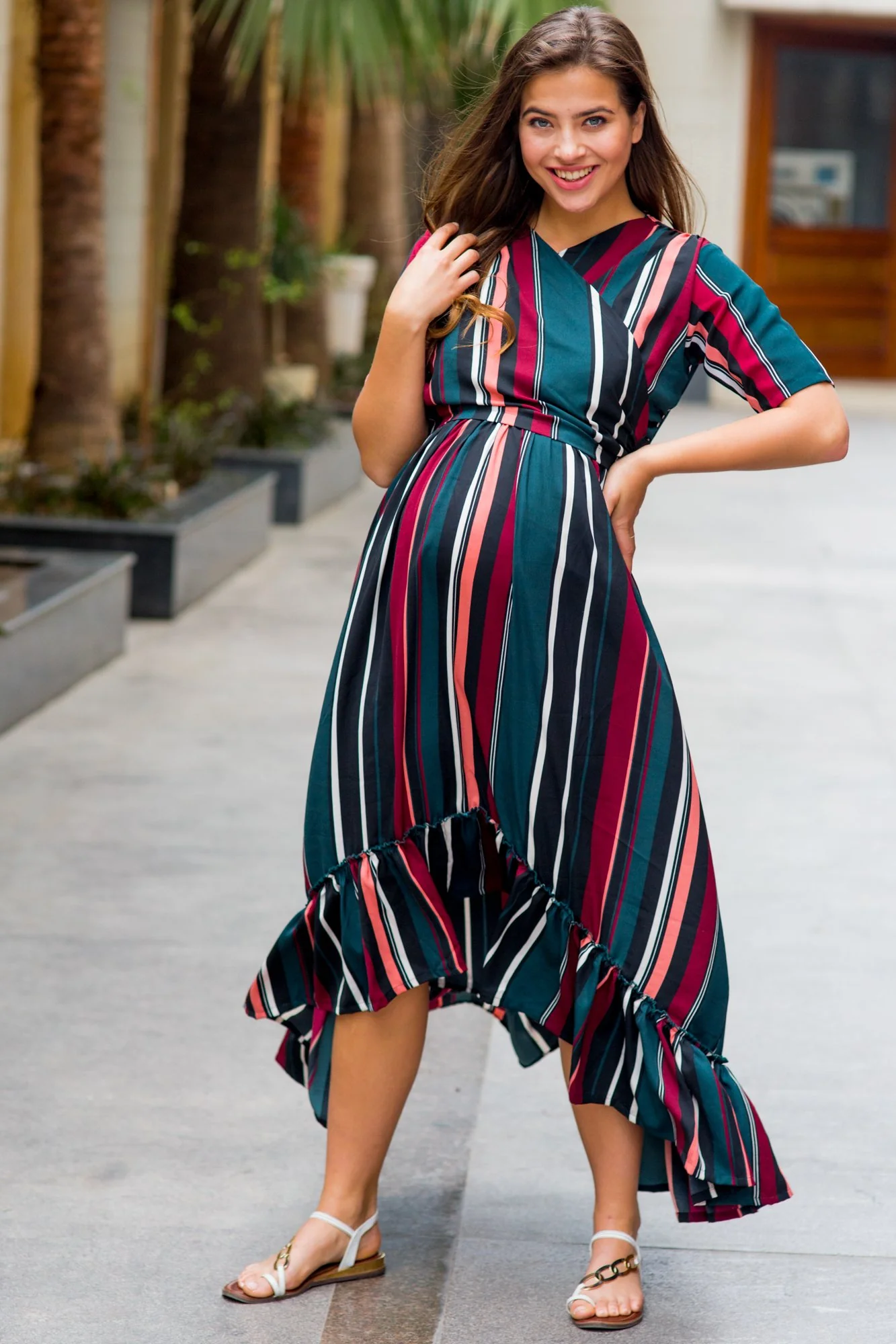 Royal Multi Striped Maternity & Nursing Wrap Dress - Chenance