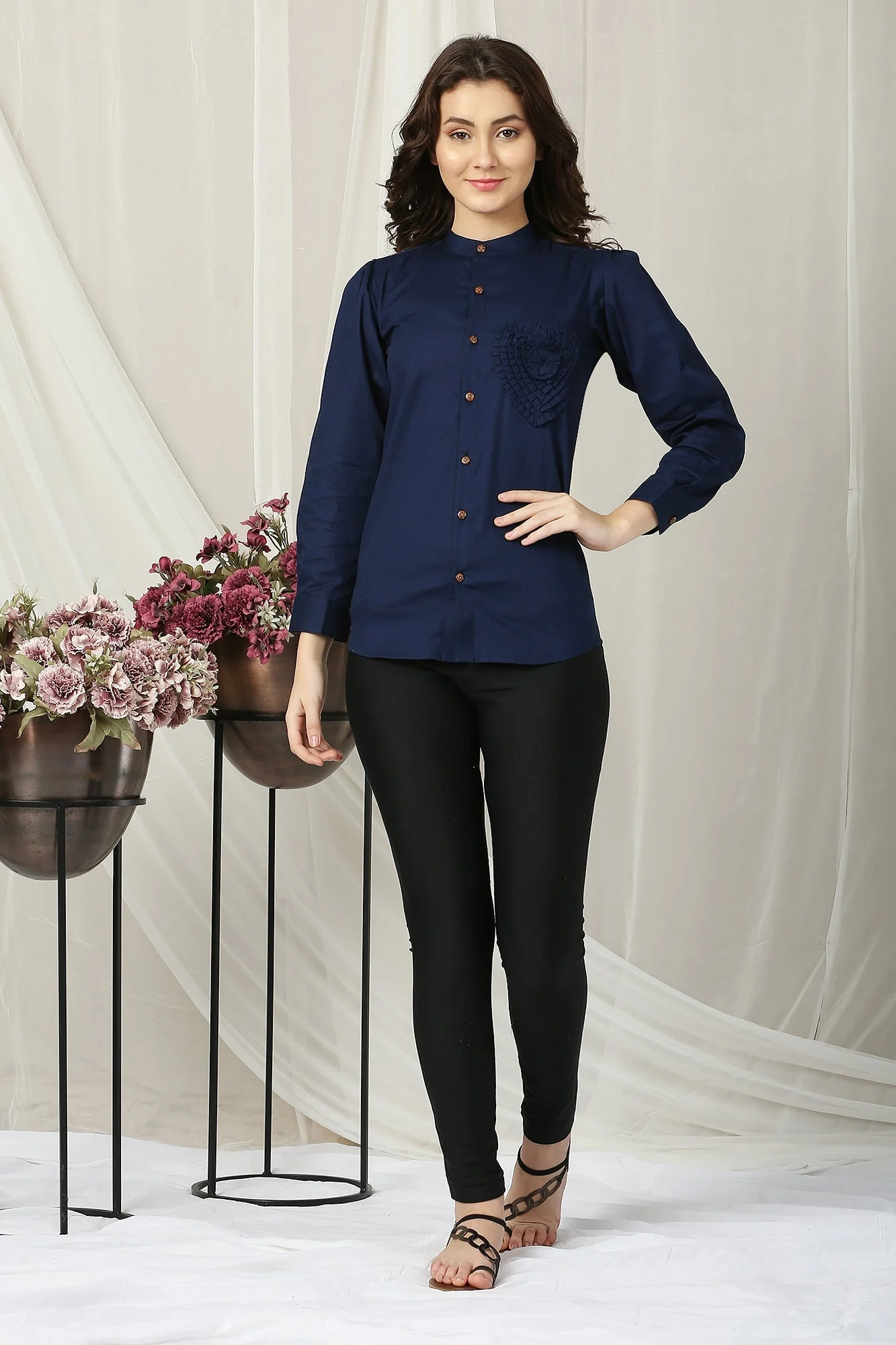 Women French Navy Enrich Shirt (100% Cotton) - Chenance