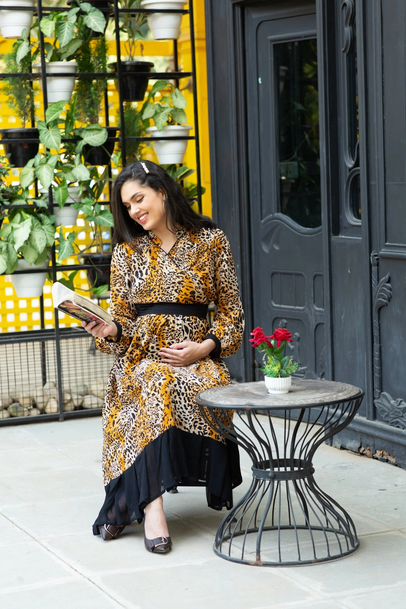 Premium Tropical Brown Maternity & Nursing Midi Wrap Dress - Chenance