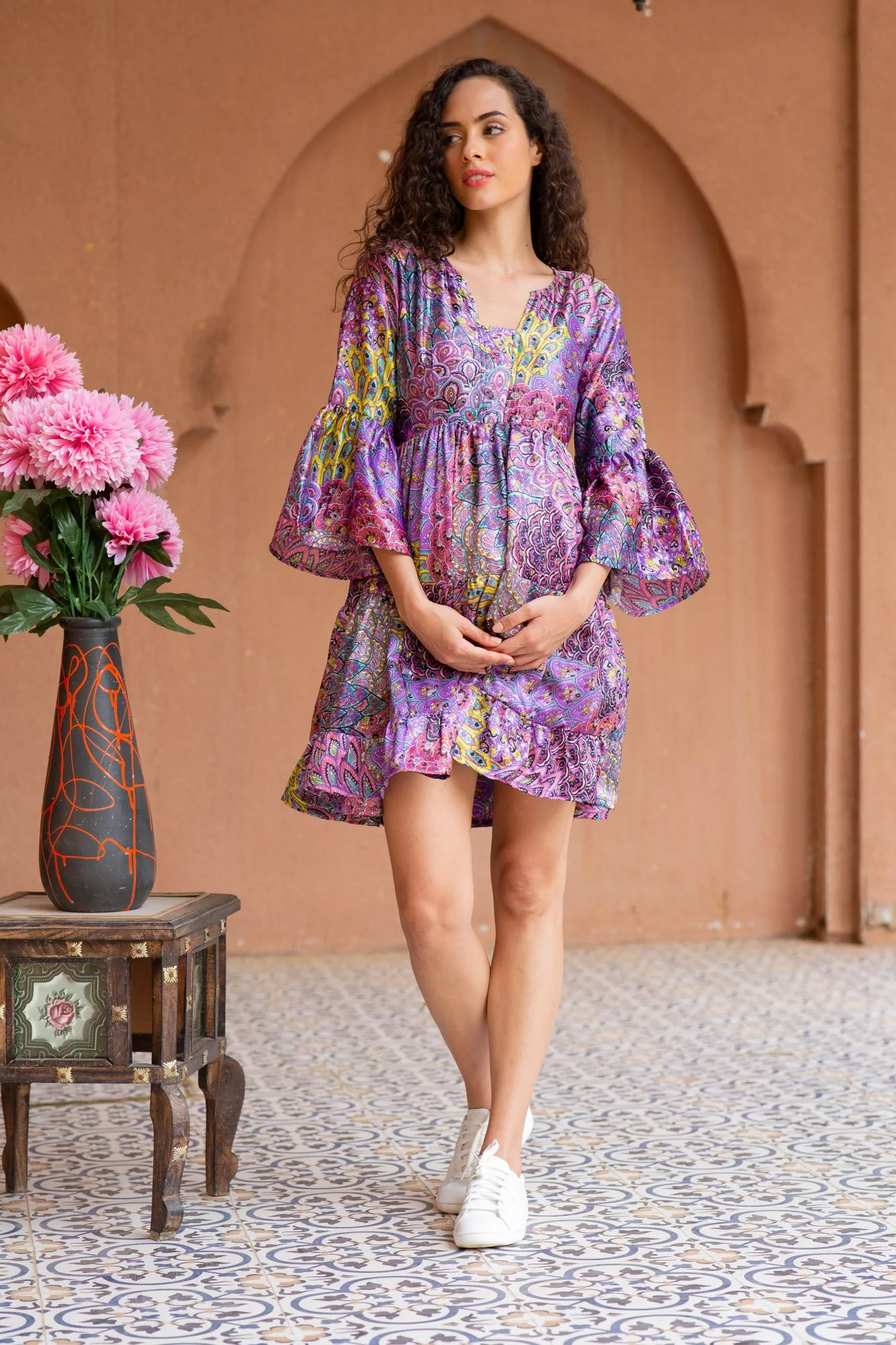 Peppy Floral Plum Satin Maternity Knee Dress - Chenance