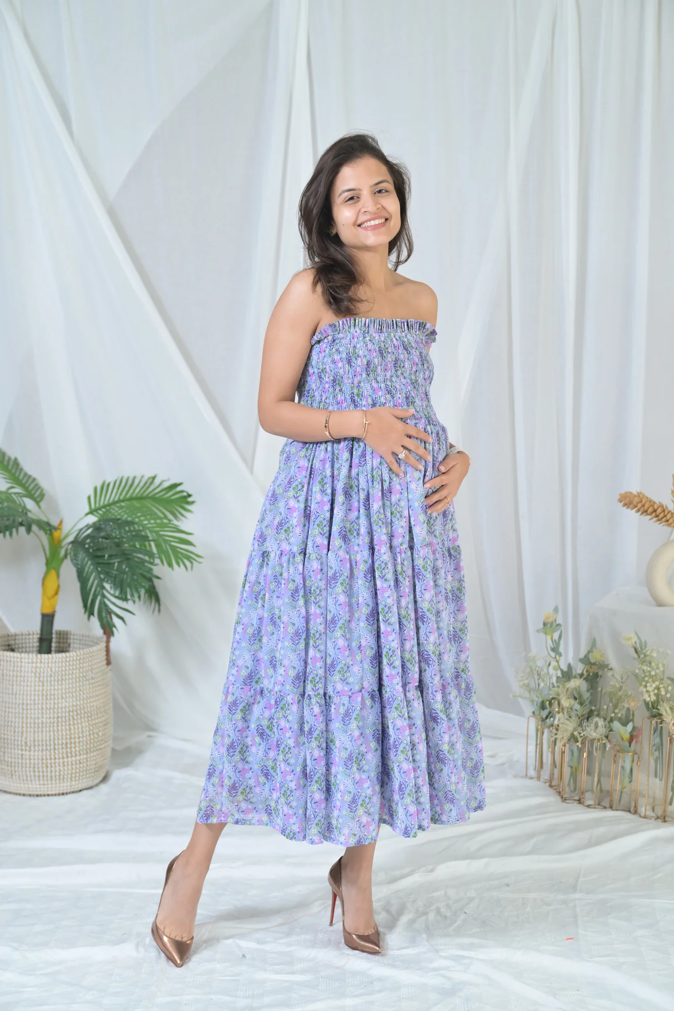 Pretty Blue Chiffon Floral Maternity Off-Shoulder Dress - Chenance