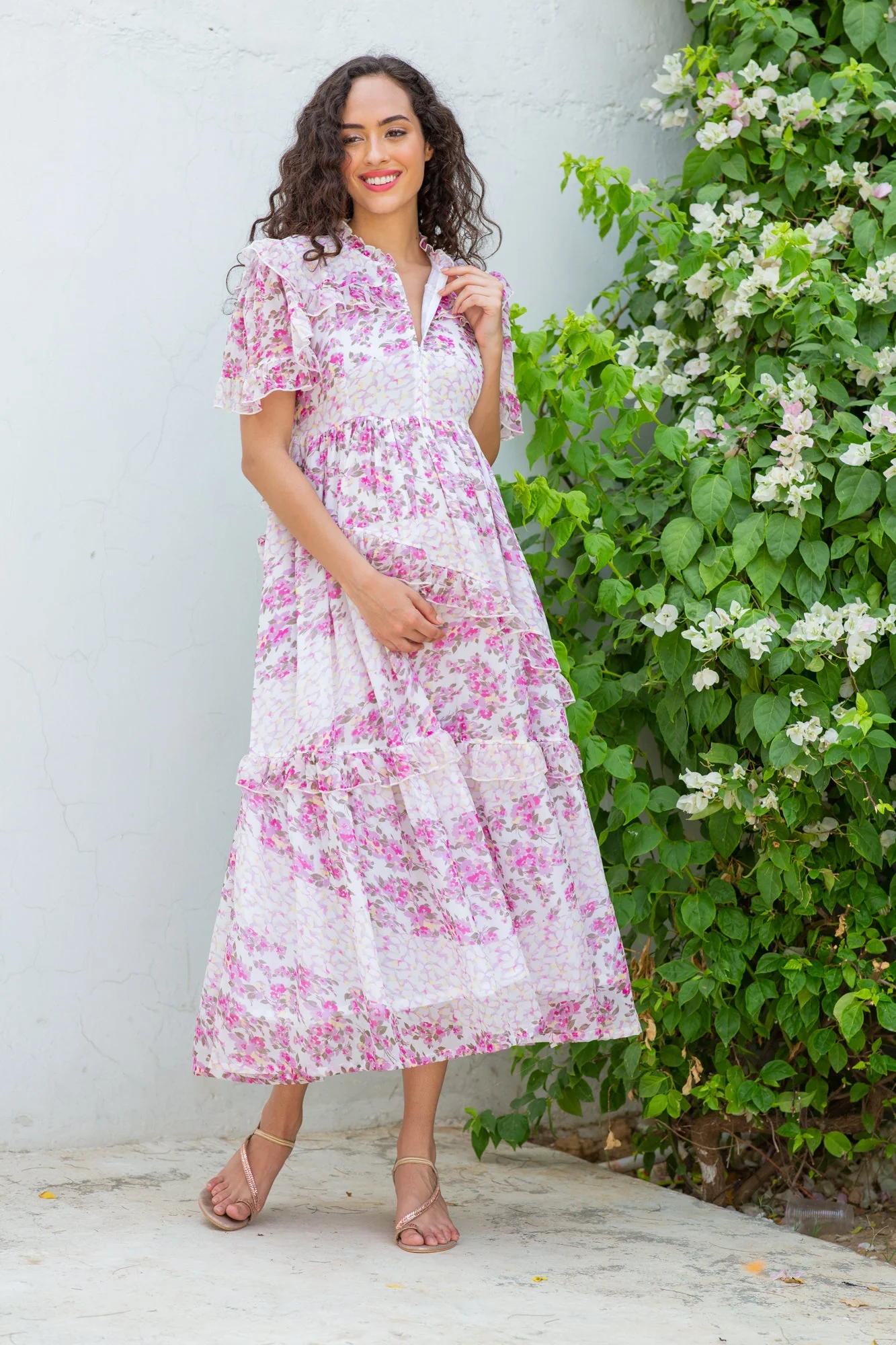 Winsome French Rose Floral Maternity & Nursing Frill Dress - Chenance