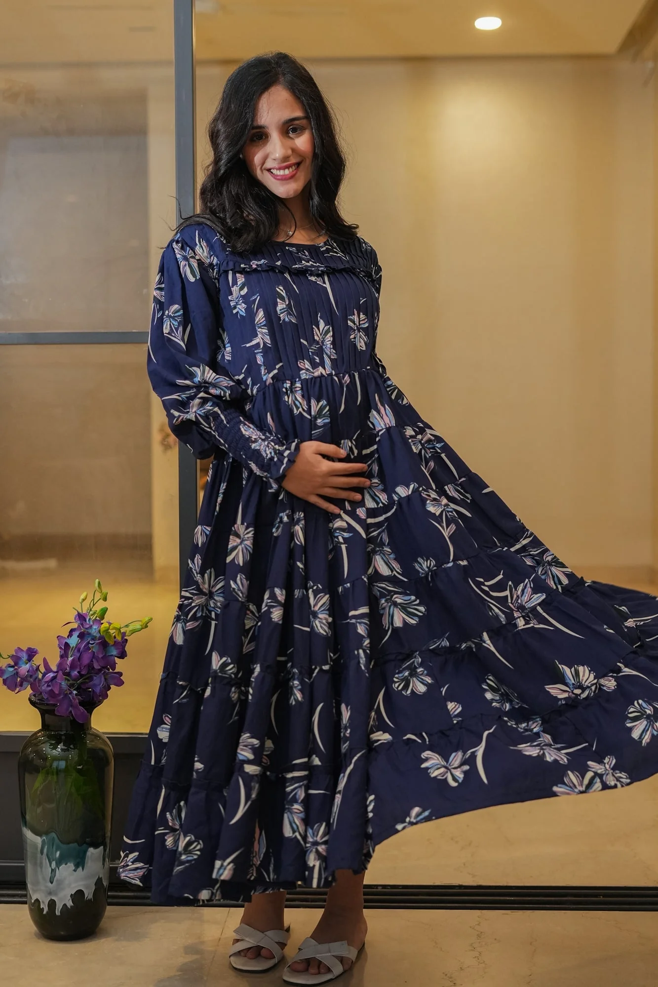 Midnight Blue Retro Crepe Blossom Formal Maternity & Nursing Pintucks Frill Dress - Chenance