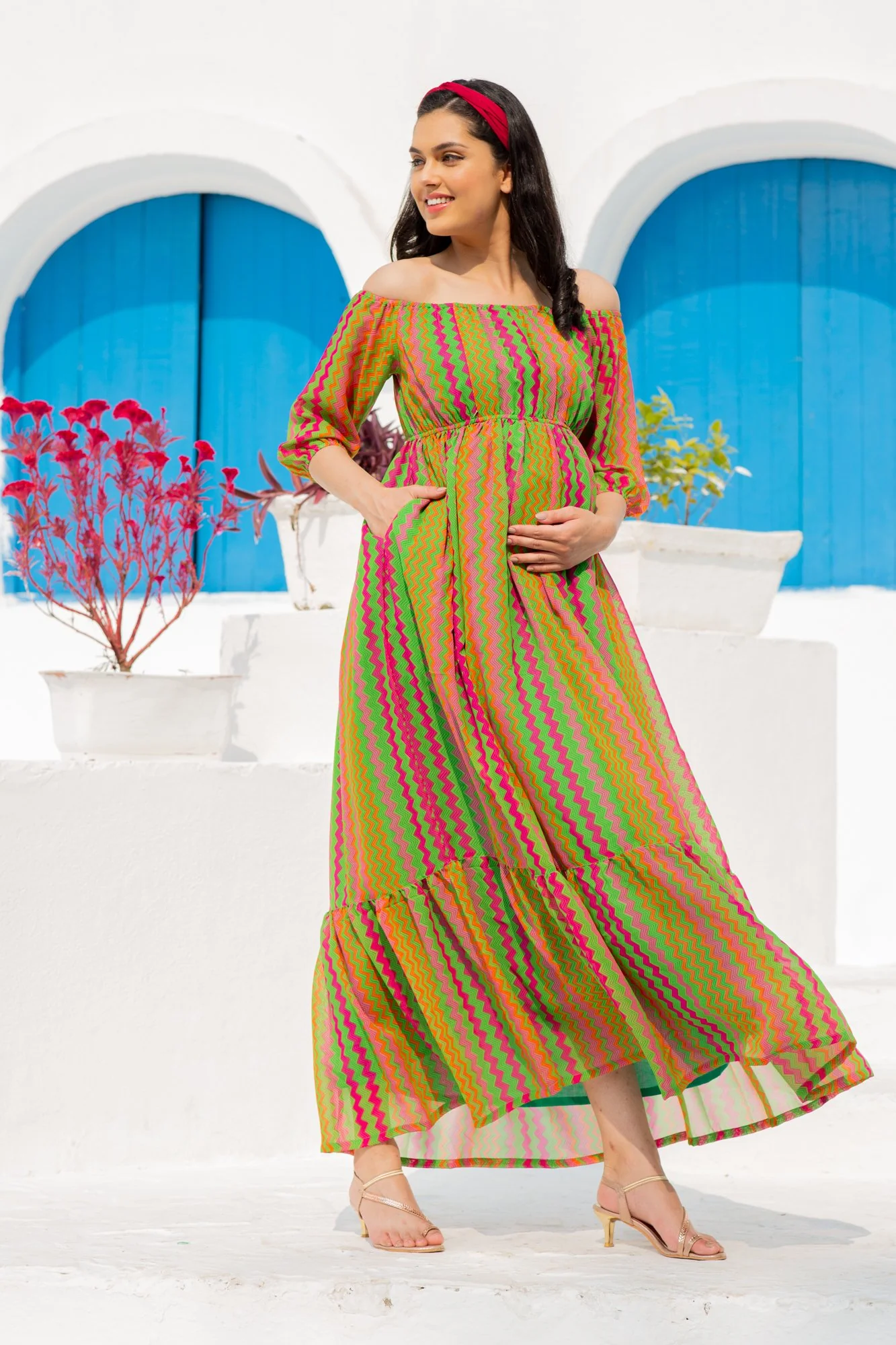 Flowy Dual Off-Shoulder Boat Neck Maternity & Nursing Maxi Dress - Chenance