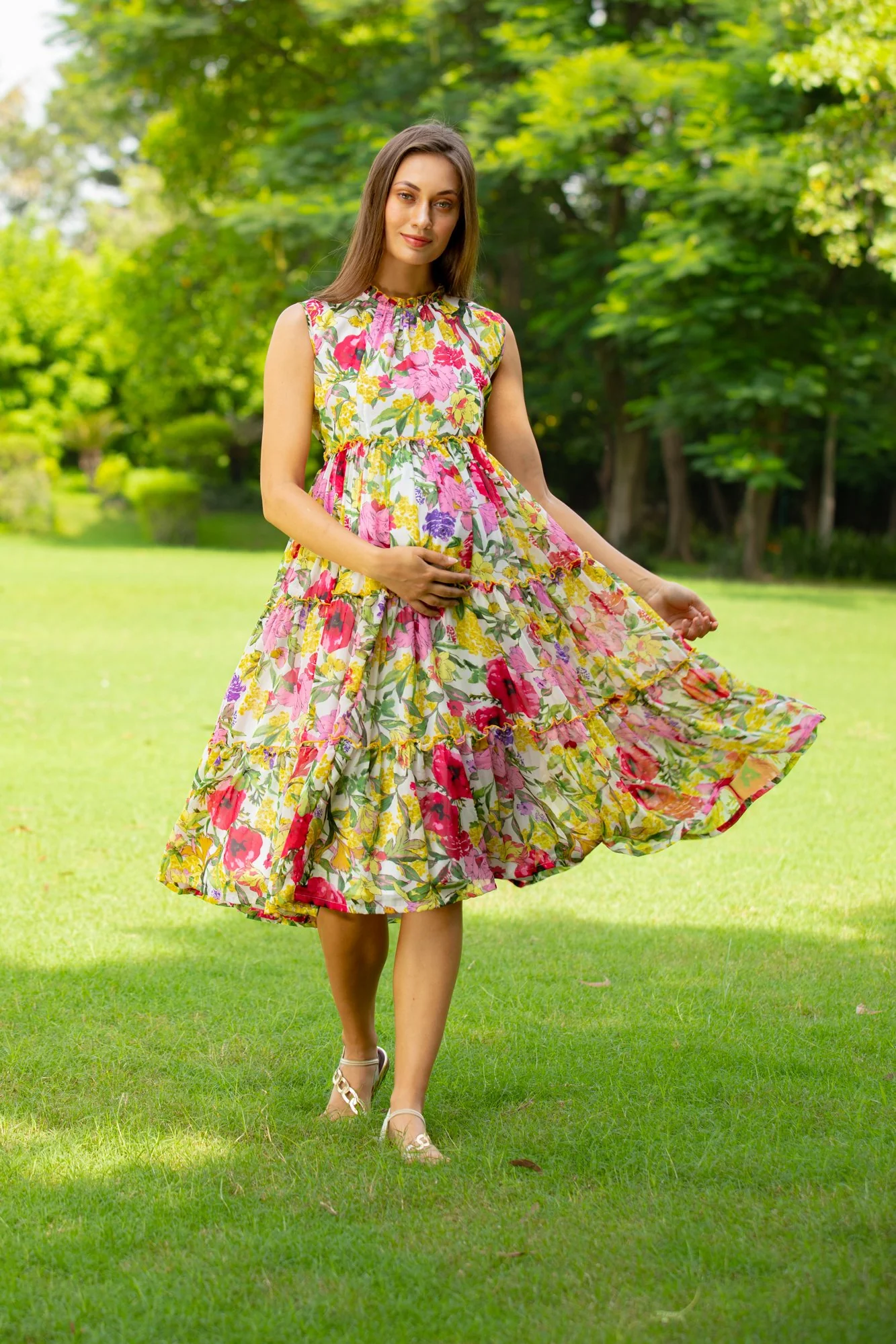 Blossom White Maternity & Nursing Concealed Zips Frill Dress - Chenance