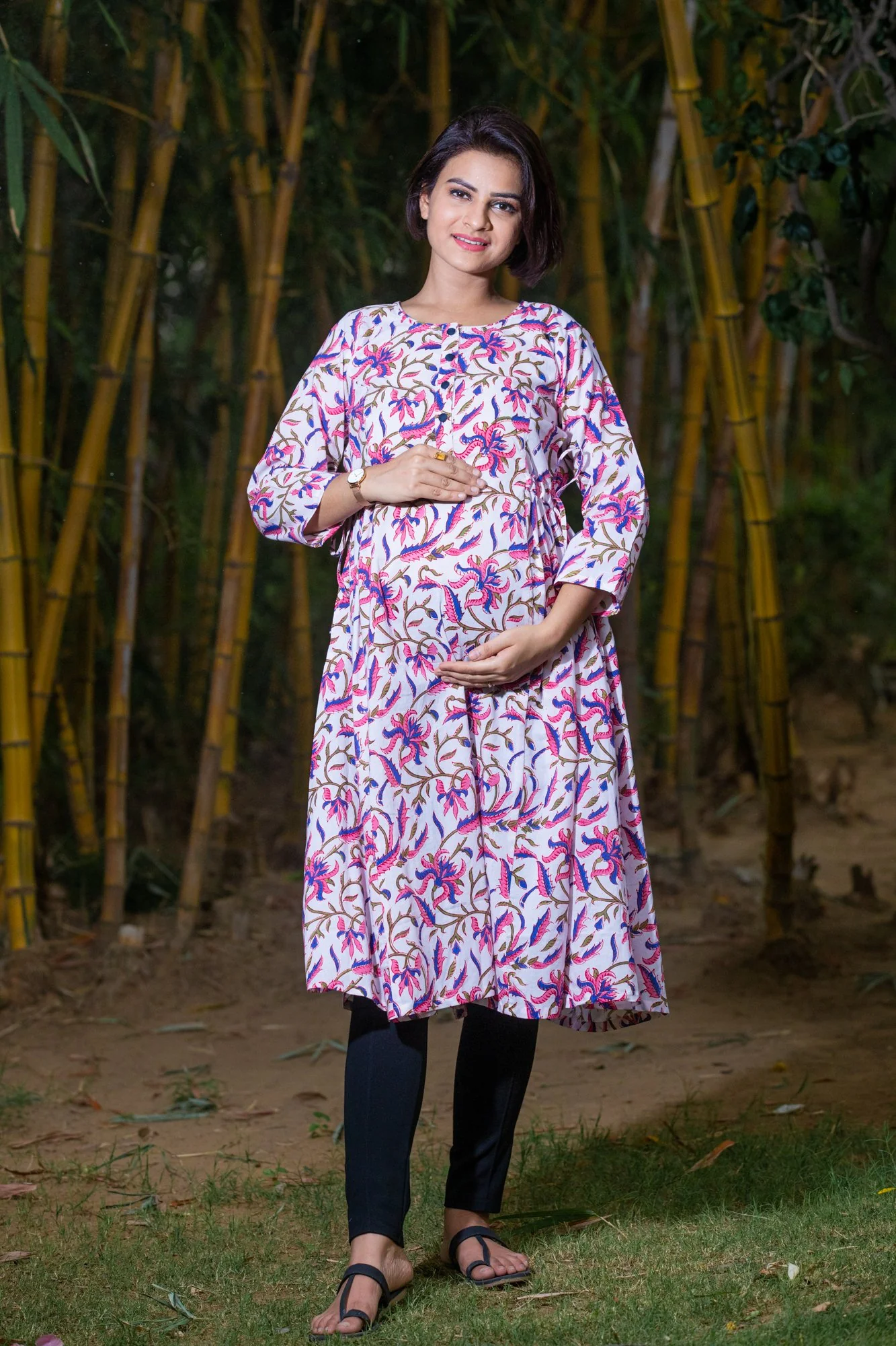 Salmon Floral Maternity & Nursing Kurta - Chenance