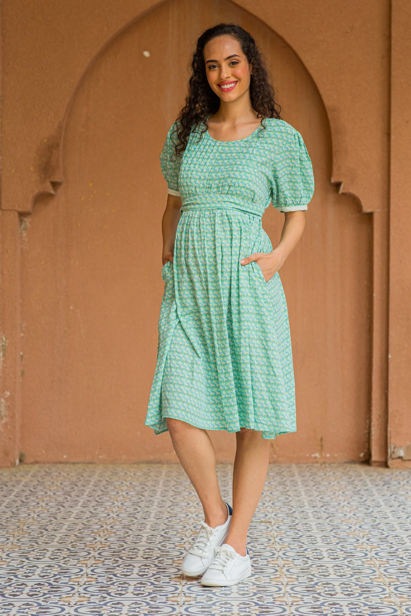 Pistachio Floral Maternity & Nursing Pintucks Knee Dress - Chenance