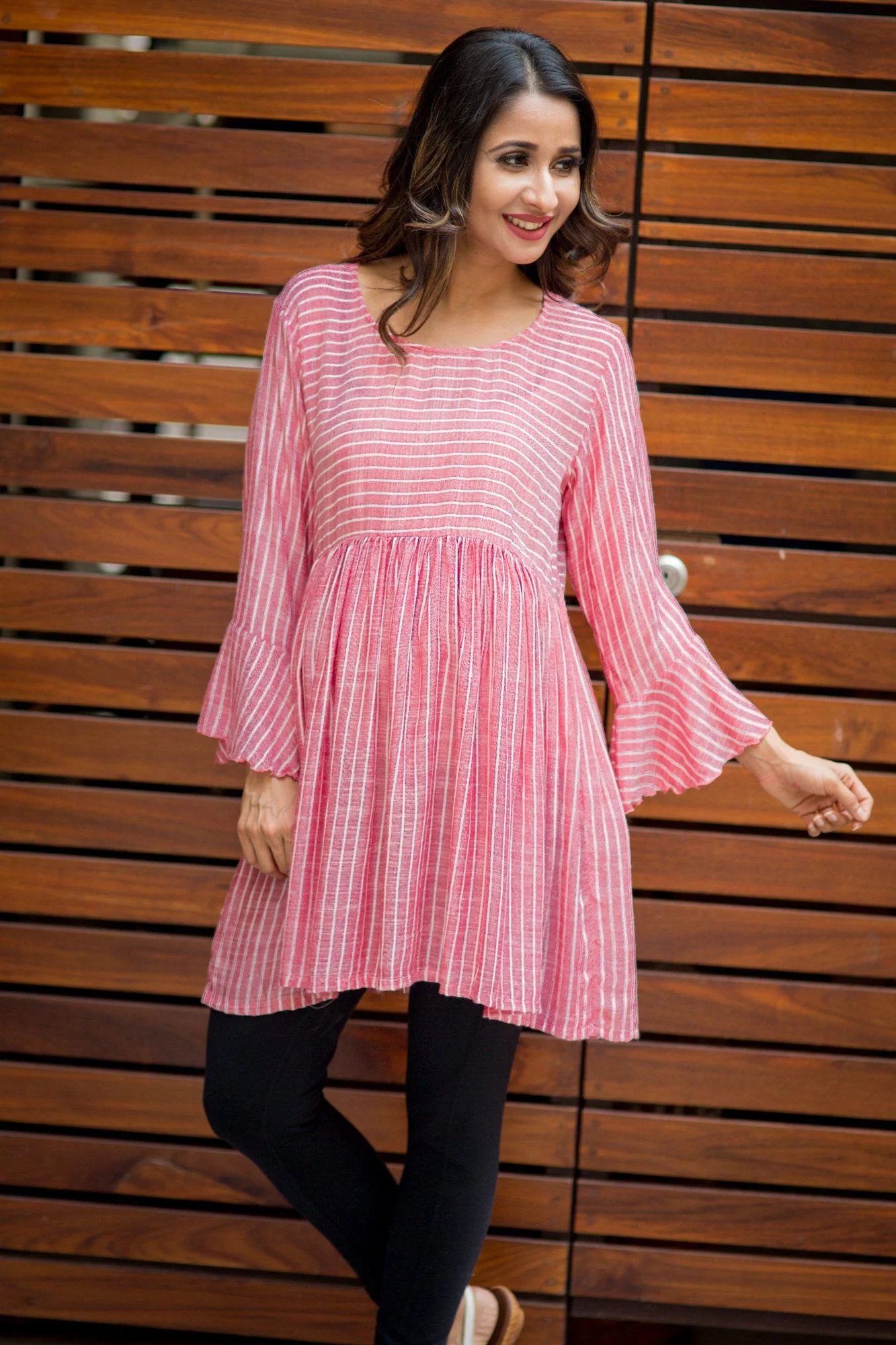 Red Striped Bell Sleeves Gathered Maternity & Nursing Top - Chenance
