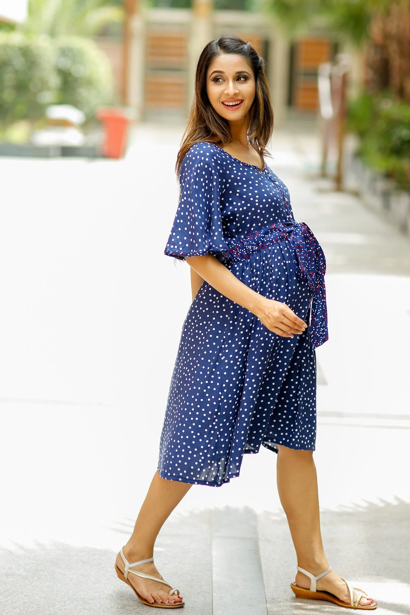 Blue Polka Maternity and Front Button Nursing Swing Dress - Chenance