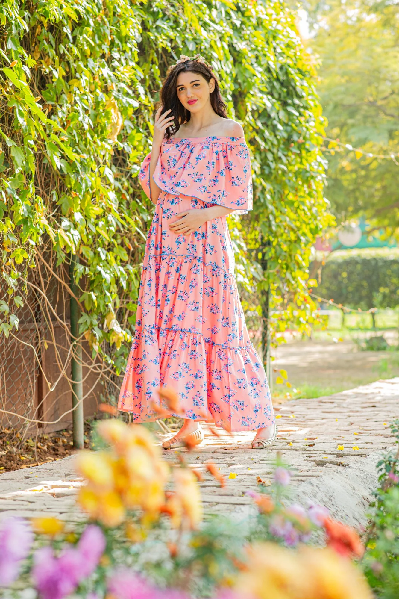 Botanical Pink Off-Shoulder Maternity Maxi Dress - Chenance