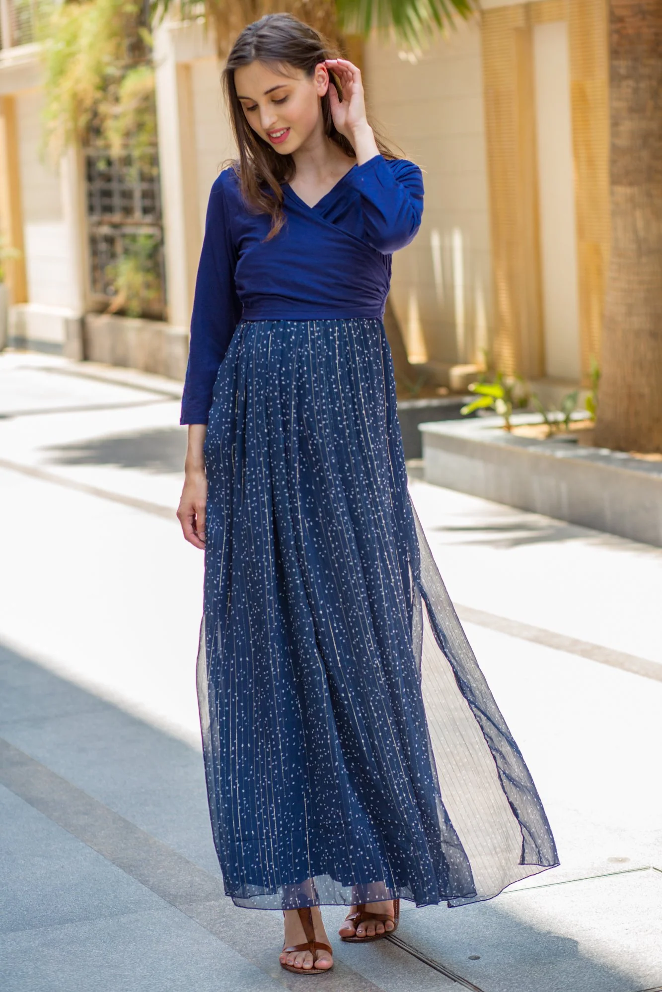 Luxe Blue Chiffon Navy Maternity & Nursing Wrap Dress - Chenance