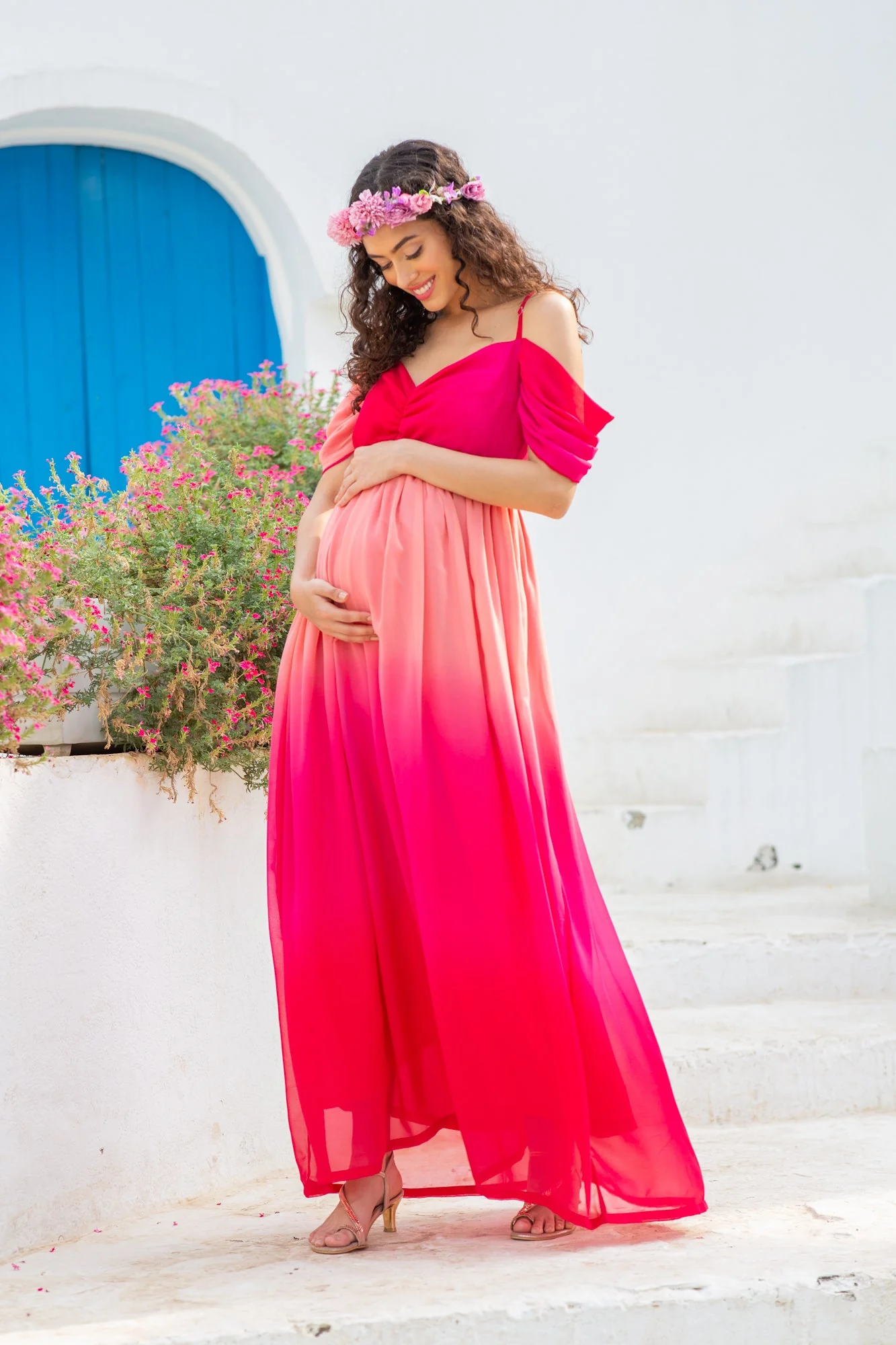 Luxe Graceful Flamingo Off-Shoulder Maternity Photoshoot Gown - Chenance