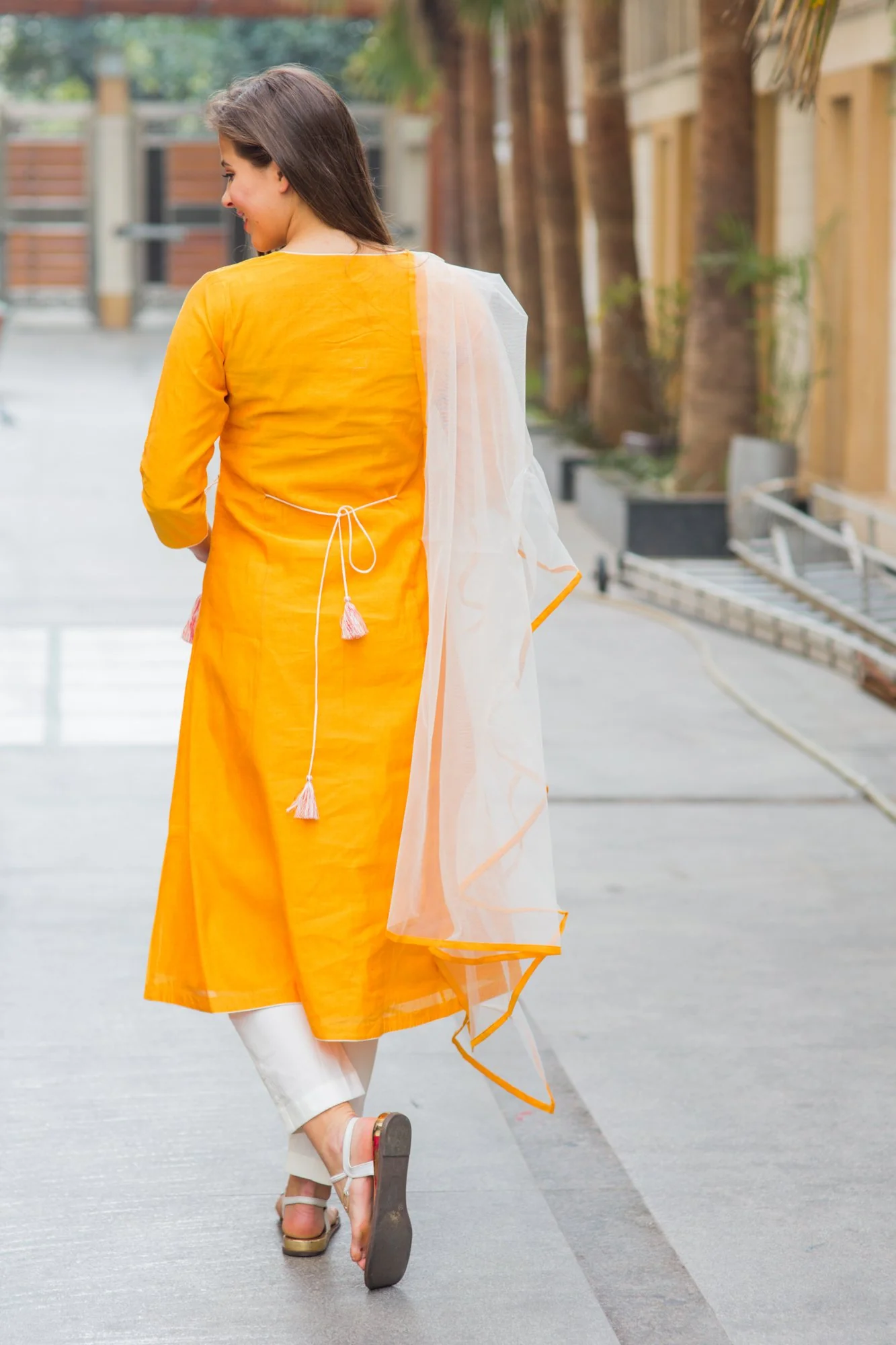 Premium Orange Chanderi Silk Flower Gold Zari Maternity Suit Set (3 pc) - Chenance