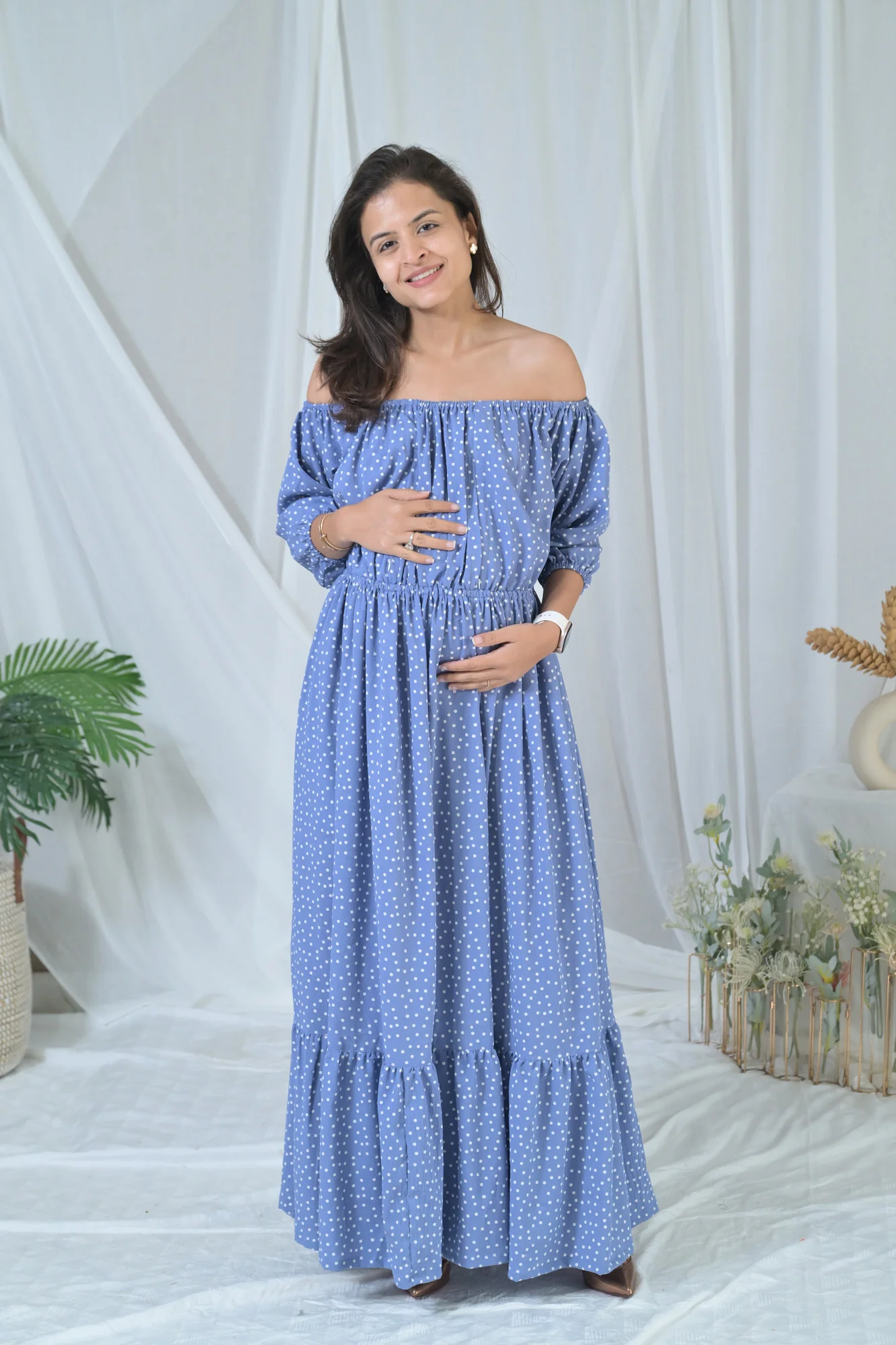 Sea Blue Polka Off-Shoulder Maternity & Nursing Maxi Dress - Chenance