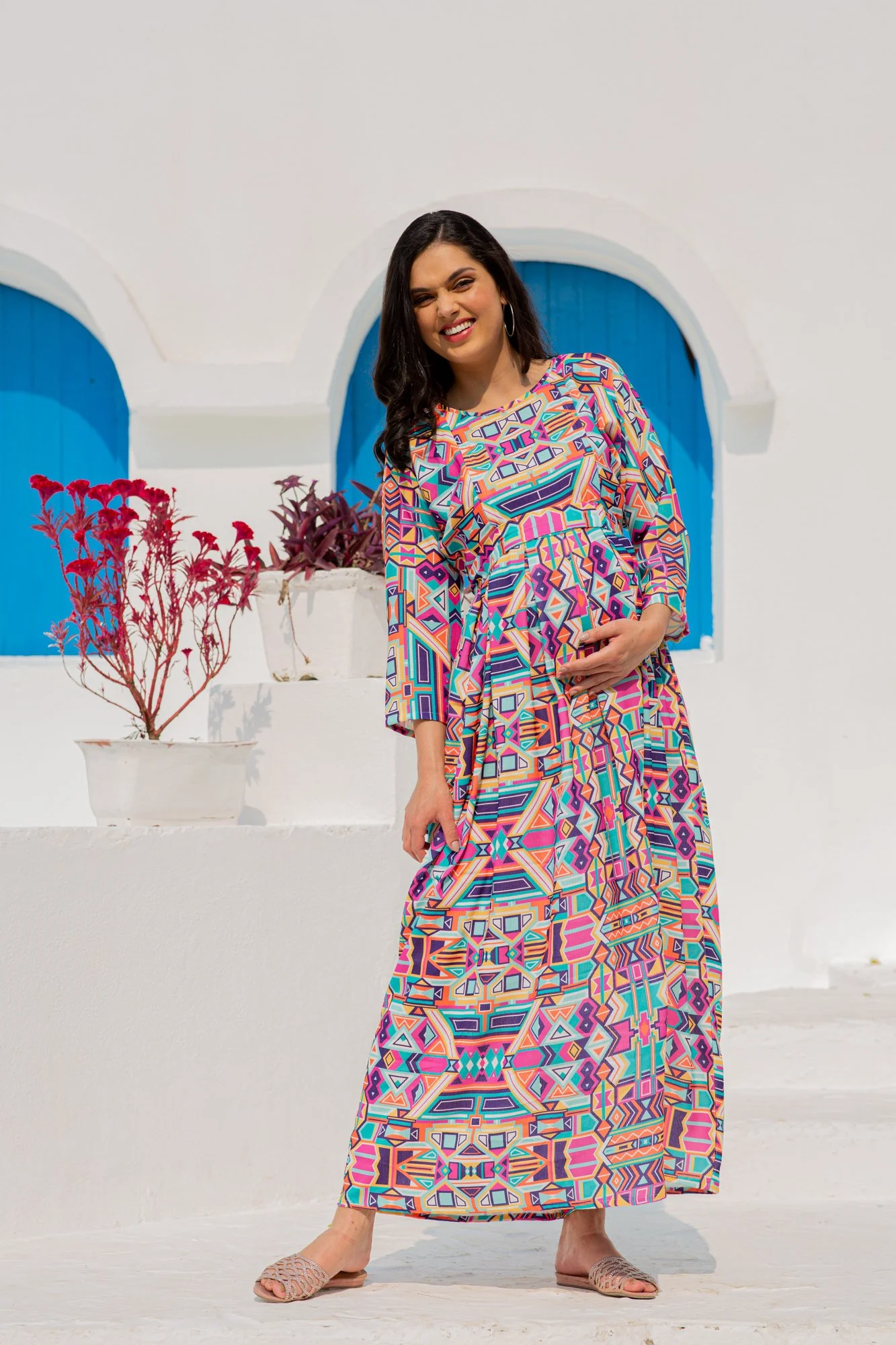 Premium Paradise Vibrant Abstract Concealed Zip Maternity & Nursing Dress - Chenance
