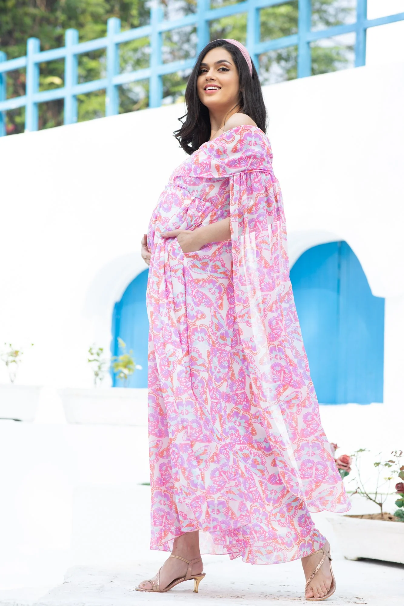 Pink Butterfly Flying Sleeves Maternity & Nursing Dress - Chenance