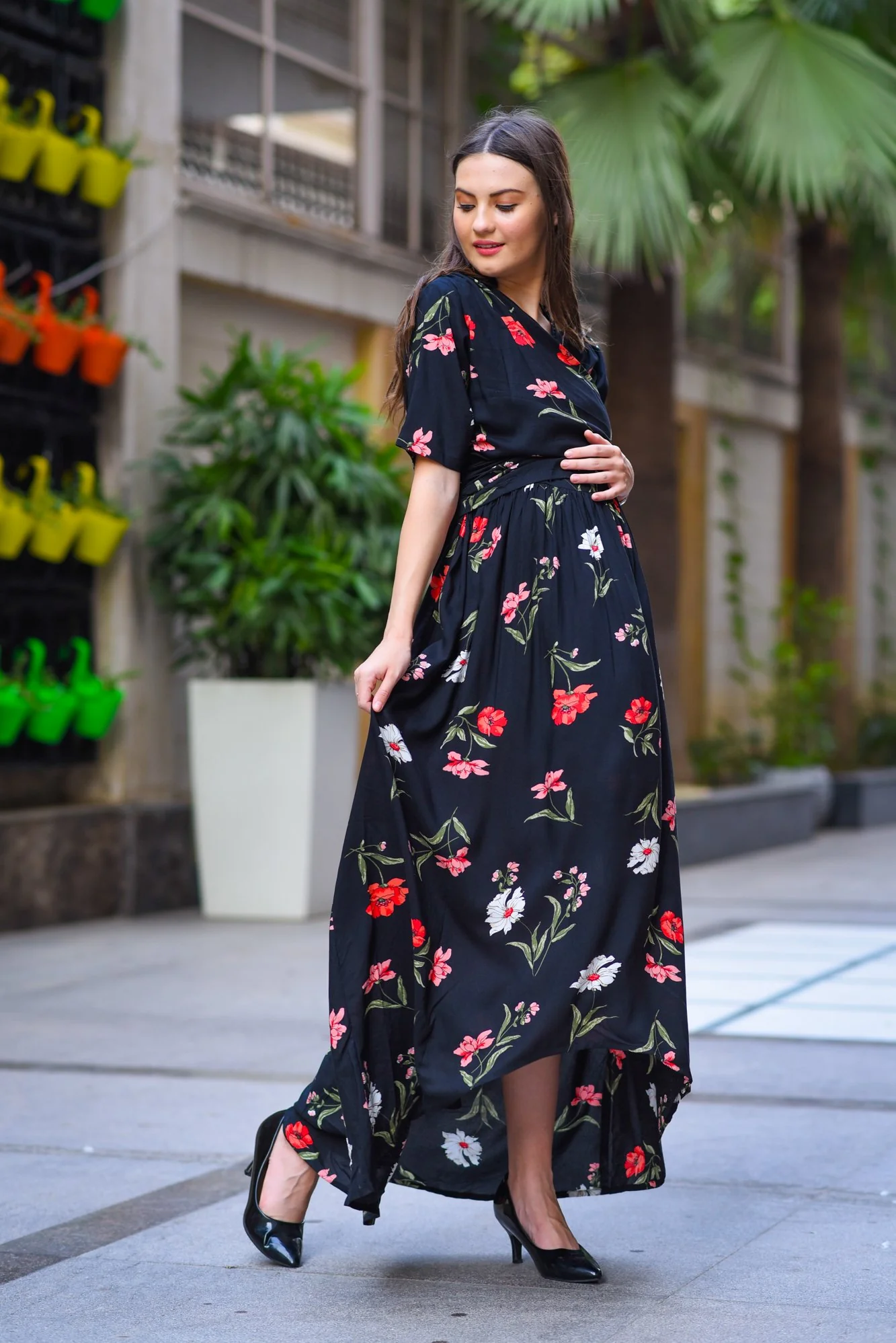 Midnight Blossom Rose High-Low Maternity & Nursing Wrap Dress - Chenance