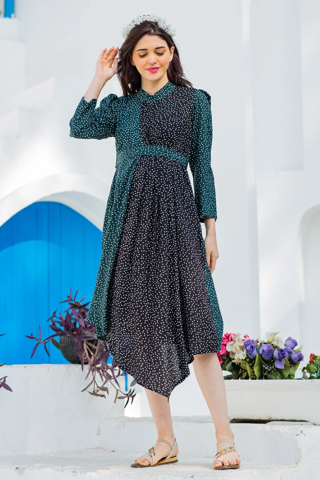 Asymmetrical Jade Green High Neck Maternity & Nursing Dress - Chenance