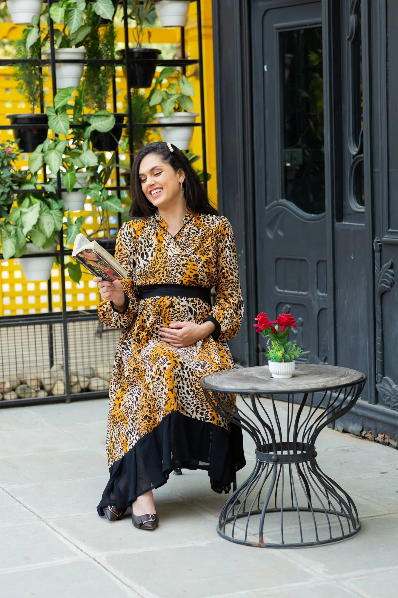 Premium Tropical Brown Maternity & Nursing Midi Wrap Dress - Chenance