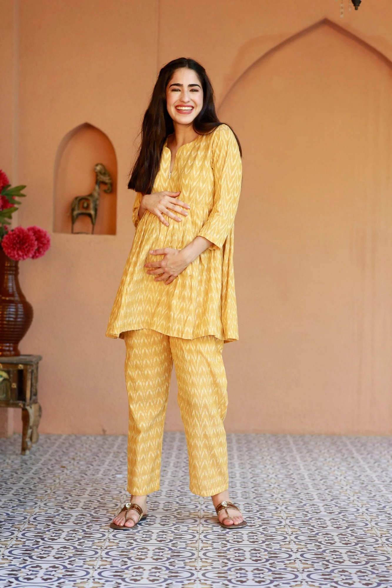 Restful Mustard Ikat Maternity & Nursing Lounge Coord Set (2Pc) (100% Cotton) - Chenance