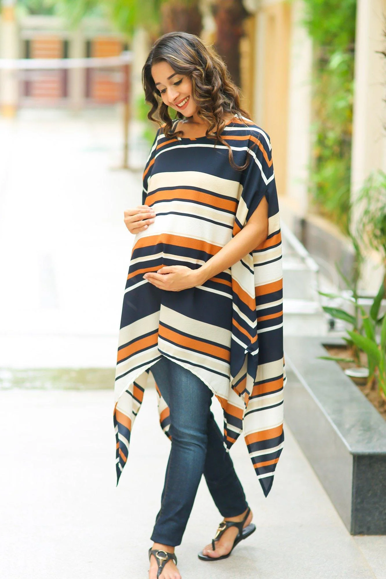 Navy Orange Nautical Crepe Maternity Poncho - Chenance